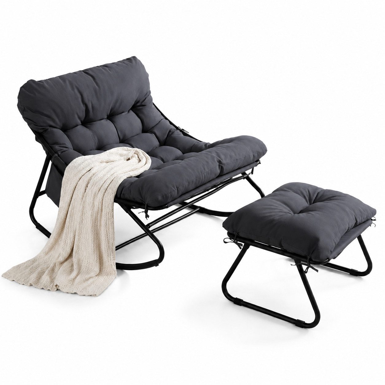 TLGREEN Schaukelstuhl mit Hocker,Lounge Sessel mit gepolstertem Kissen und Fußhocker, bis 150 kg Belastbar, für Garten,Balkon,Wohnzimmer