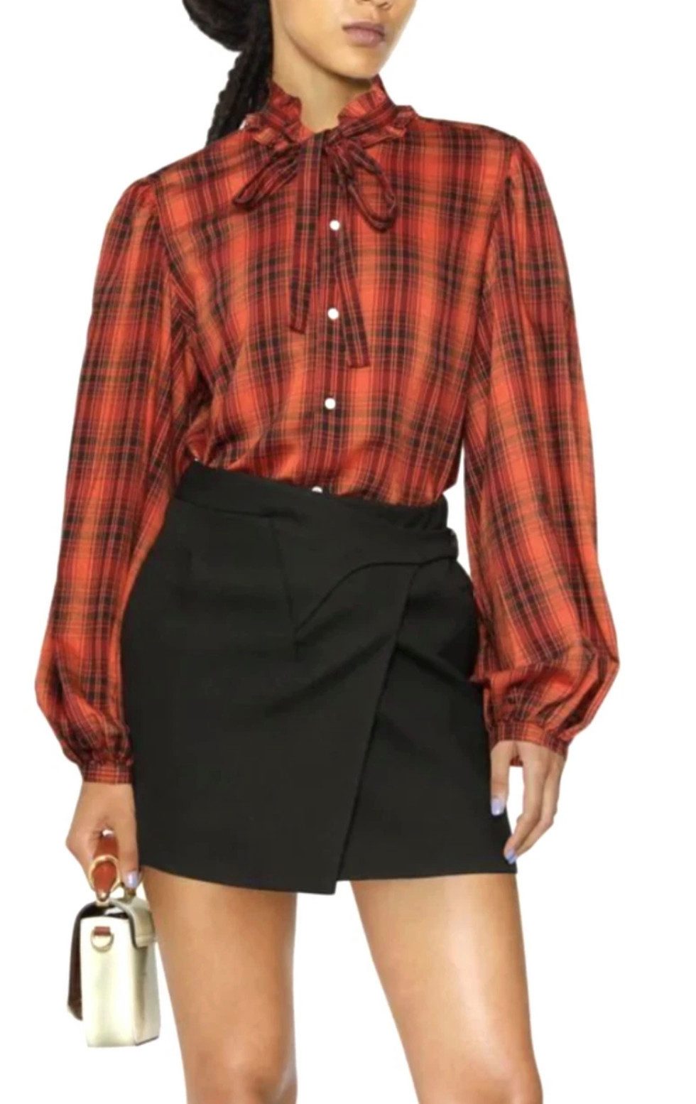 Polo Ralph Lauren ruffled blouse, checked relaxed fit shirt with ruffled collar, relaxed fit ruffled collar with tie, stand-up collar design