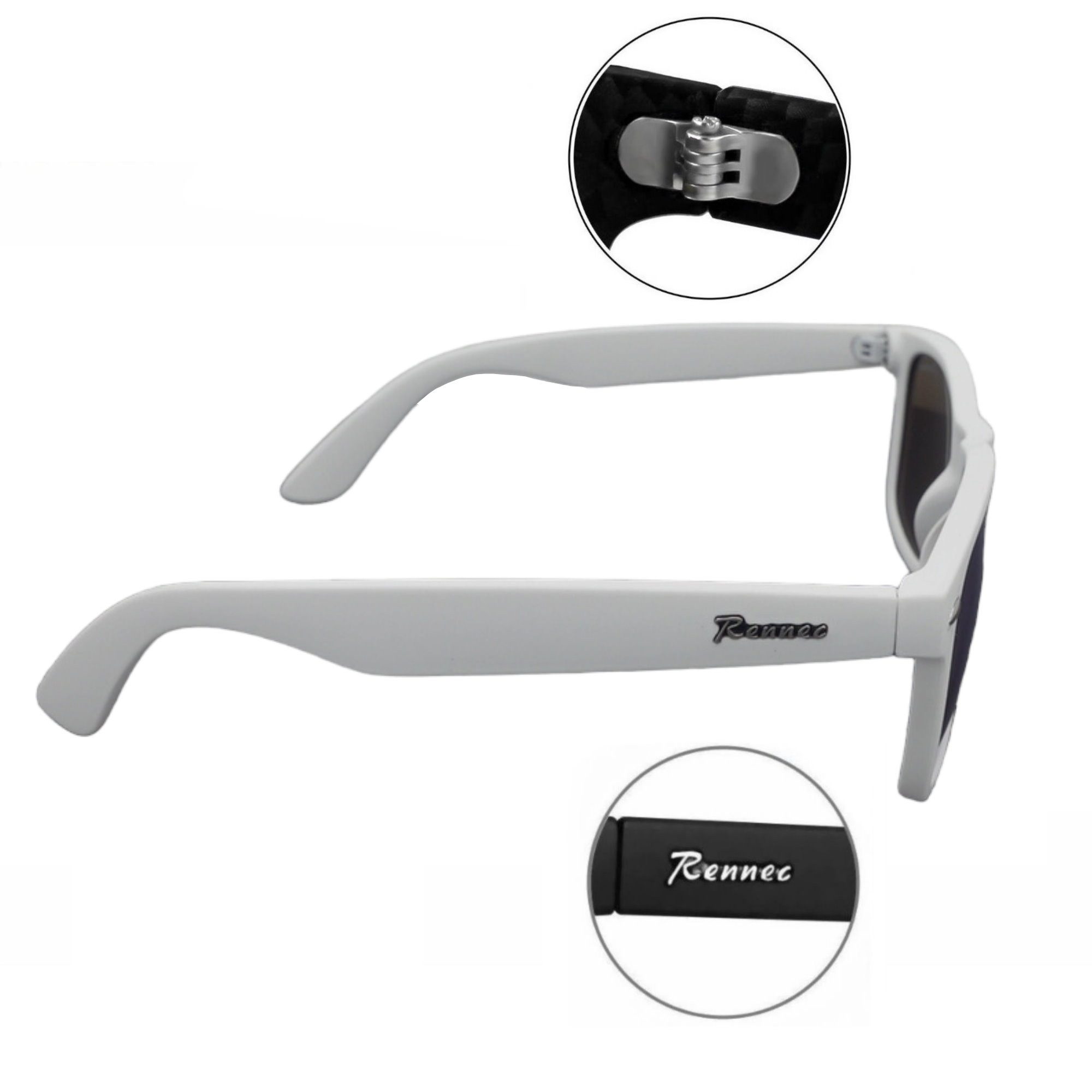 Rennec Sonnenbrille (Ovale Sonnenbrille Herren Festivalbrille Damen Weiß Matt Markenbrille, Retro Nerd Brille mit Brillenbeutel) Gläser Getönt oder Verspiegelt 3in2 Bügelgelenke