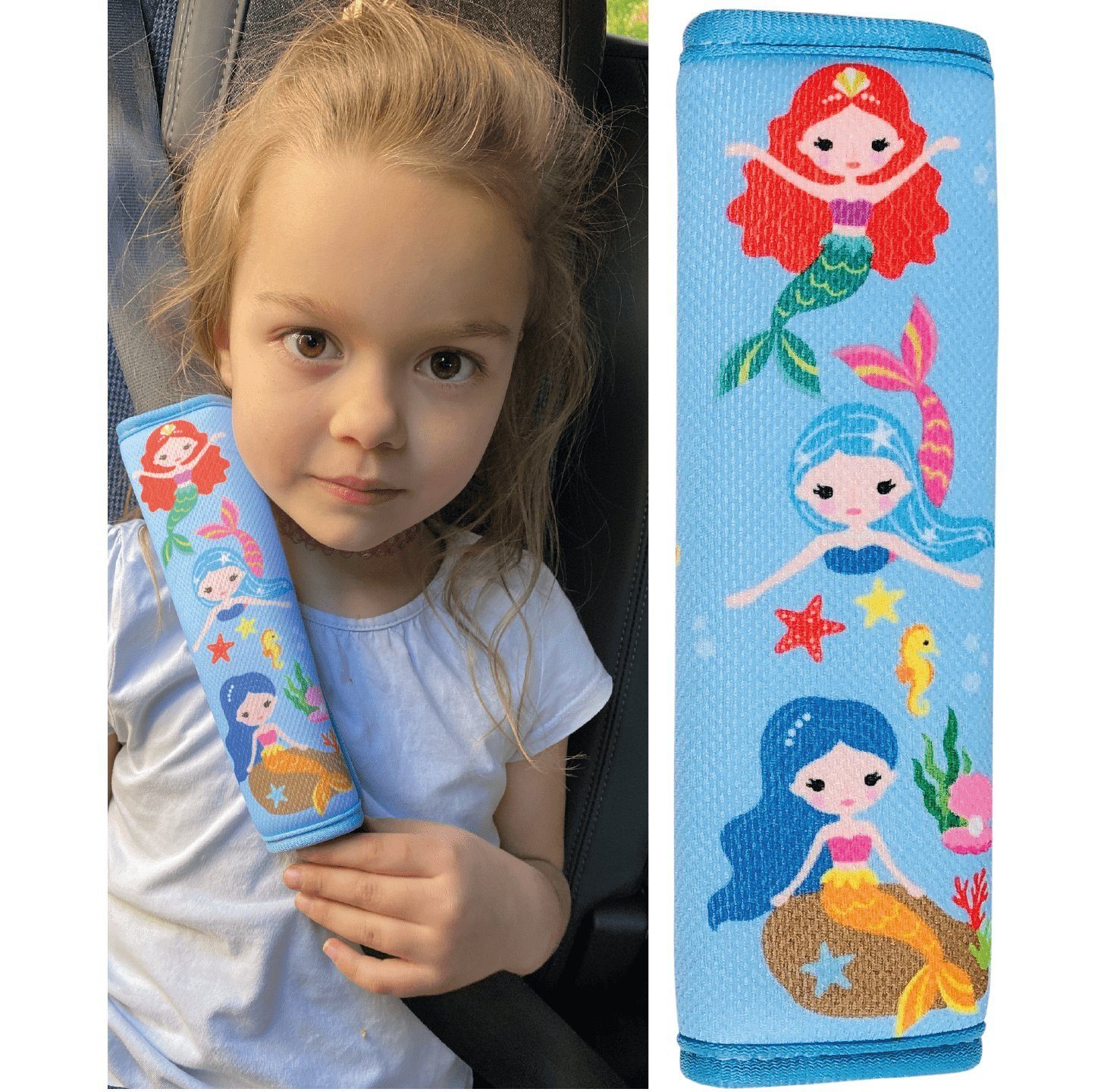 HECKBO Schlafkissen 1x oder 2x Kinder Auto Gurtpolster Gurtschutz mit Meerjungfrauen Motiv - Sicherheitsgurt Polster für Kinder und Babys- Ideal für jeden Gurt Autositzerhöhungen Kinder Fahrradanhänger Flugzeug