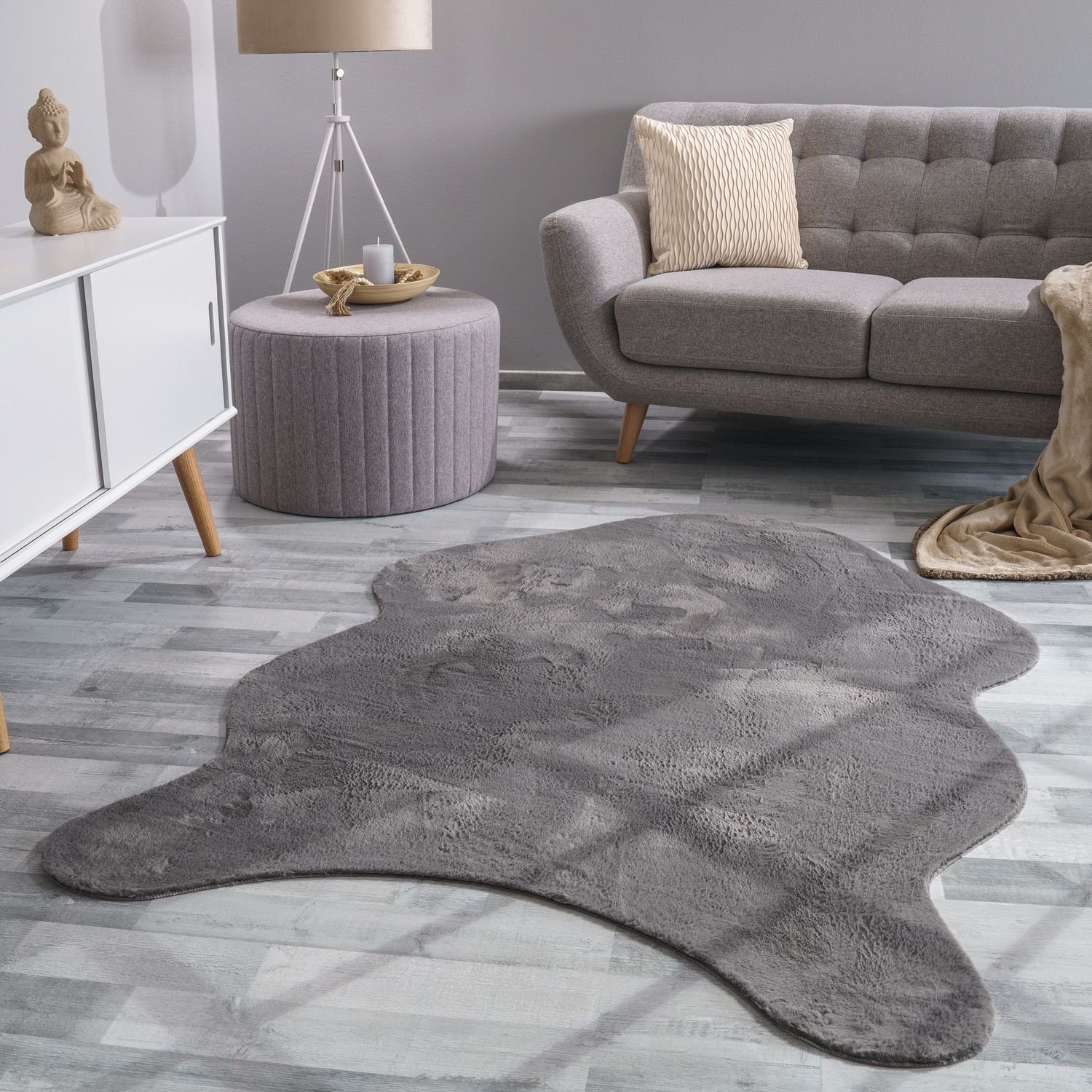 Teppich Wohnzimmer Teppich Unifarben Flauschig Fell-Form, TT mm Home, Höhe: 16 Kunstfell Anthrazit Kurzflor, Modern