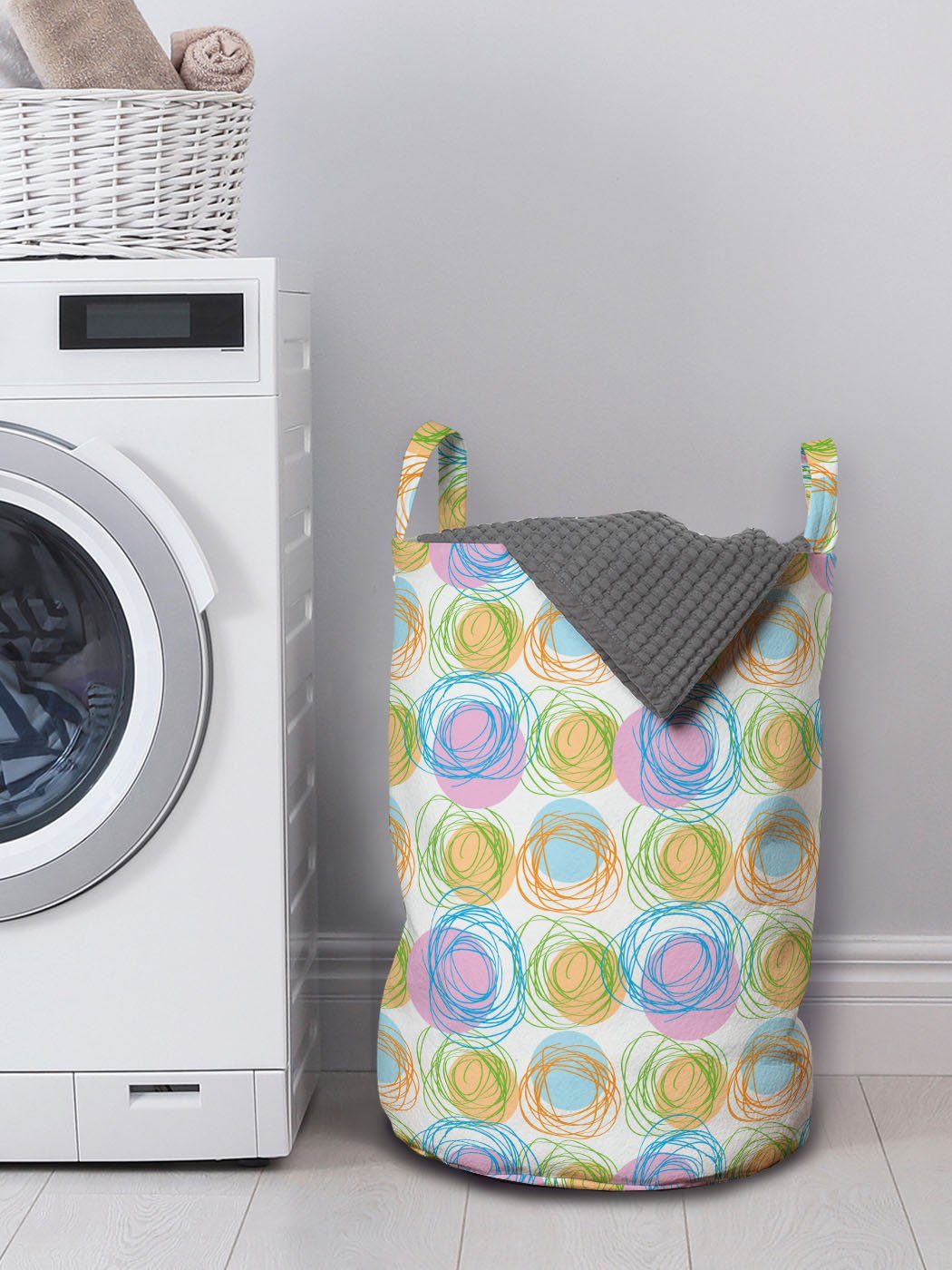 Abakuhaus Wäschesäckchen Wäschekorb mit Griffen Gekritzeltes Bunt Kreise Leuchtende für Kordelzugverschluss Waschsalons