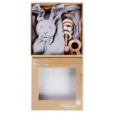 Lililove Geschenkset Neugeborenen-Geschenkset Kuschel- Bunny Box, Grey (Set, Geschenkset, Giftset, Spielzeug-Set, Kuschelhase, 4-teilig, Geschenkset, Giftset, New born set, Erstausstattung Set, Baby Set) Bio- Baumwolle, unbehandeltem Buchenholz, Geschenkset