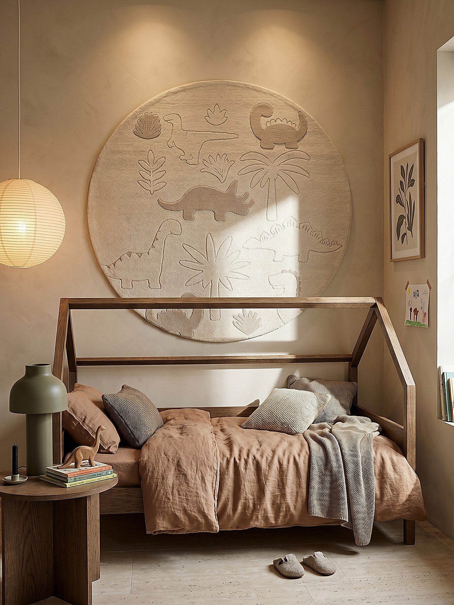 KADIMA DESIGN Kinderteppich CANAZEI Kinderteppich Creme 120x120 Dinosaurier Polypropylen, Rund, Höhe: 13 mm, Saugroboter-geeignet, Strapazierfähig, Fußbodenheizung geeignet