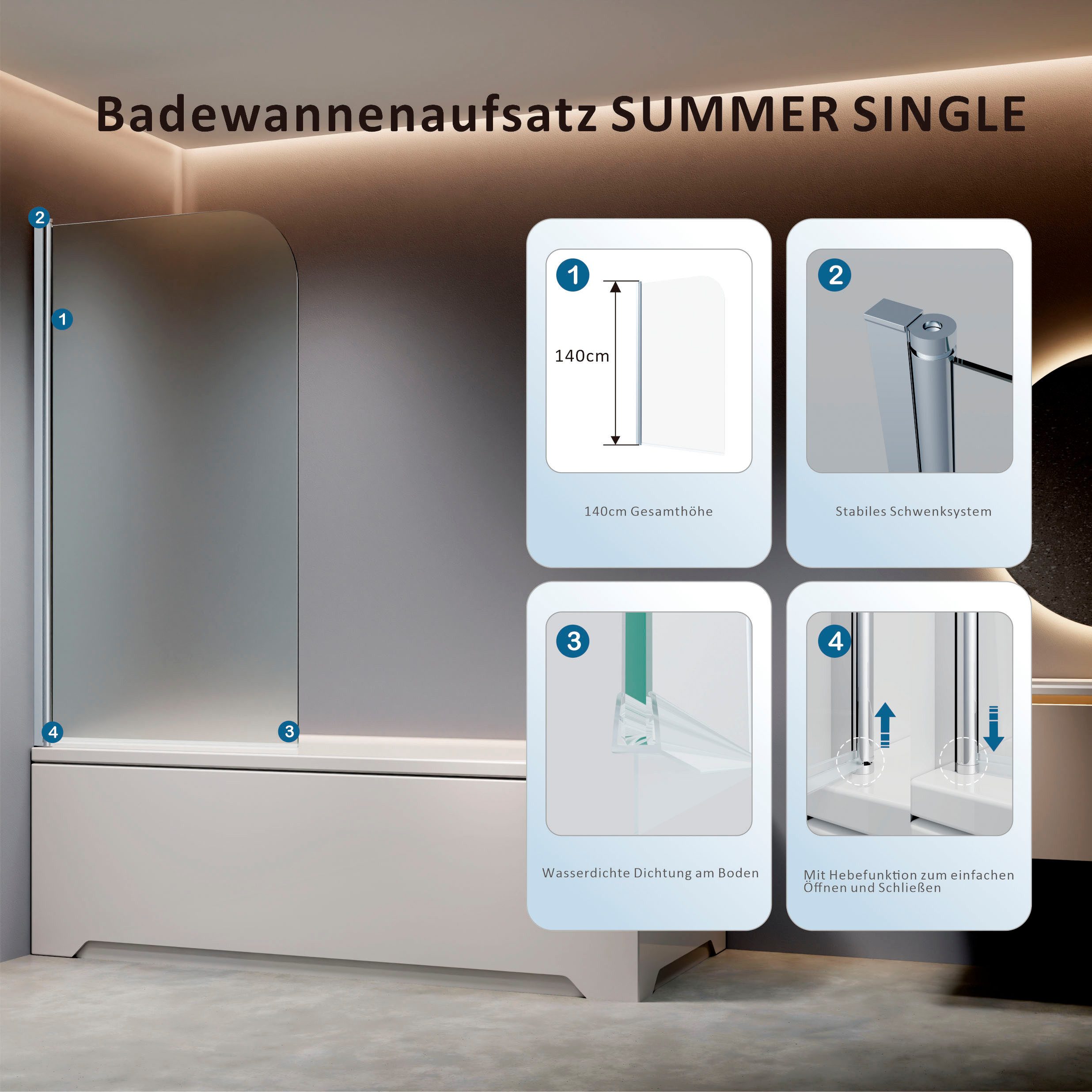 welltime Badewannenaufsatz Summer Single foggy, Sicherheitsglas, Schwenkbare