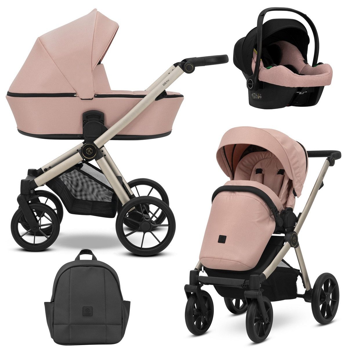 KUNERT Kombi-Kinderwagen BRAV 3 in1 Kinderwagen Champagnerrahmen und Gelrädern für Komfort, Leichtes Aluminiumgestell, 5-Punkt-Sicherheitsgurte