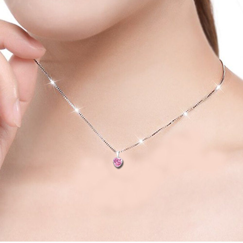 Limana Schmuckset Kinder Mädchen 925 Silber Kette mit Ohrringe Herz rosa, Geschenk Mädchen Ohrhänger Kinderschmuck Halskette Echtschmuck