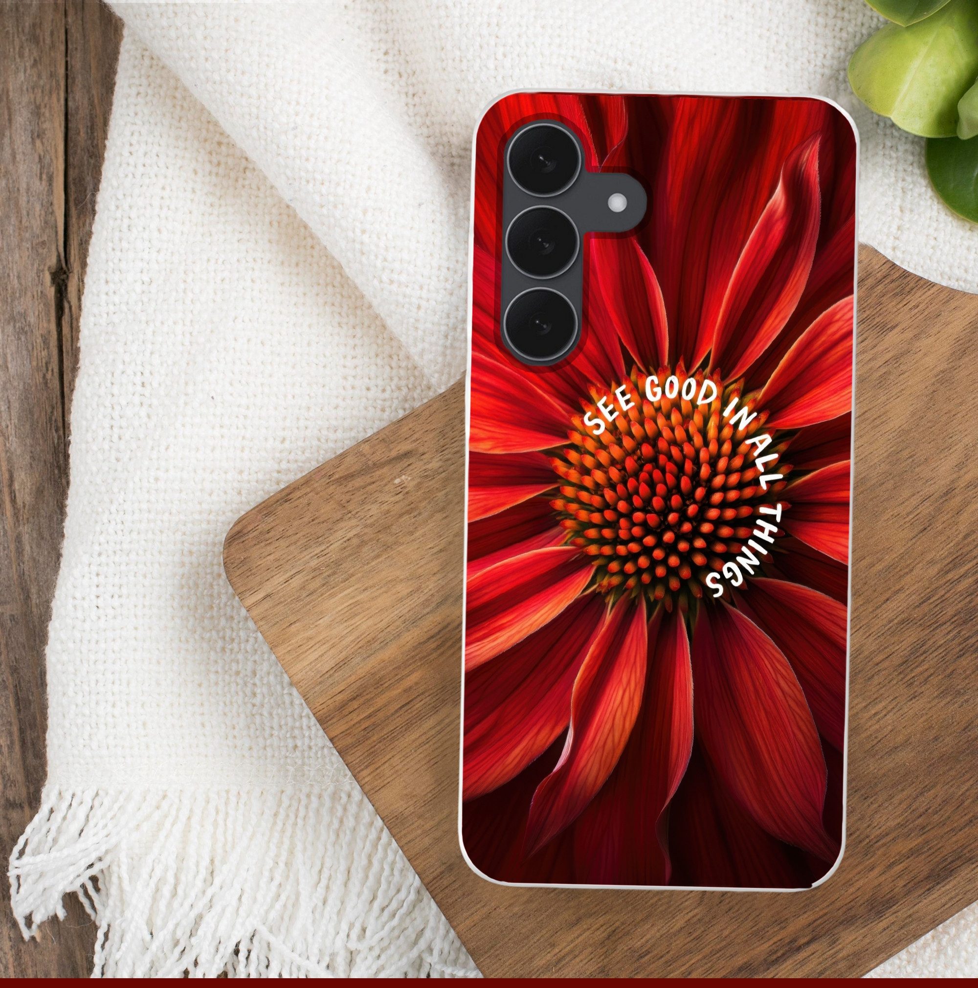 MuchoWow Handyhülle für Samsung Galaxy S25 FE Nahaufnahme - Blume - Zitat - Rot, Smartphone-Bumper, Print, Handy Schutzhülle Dünn