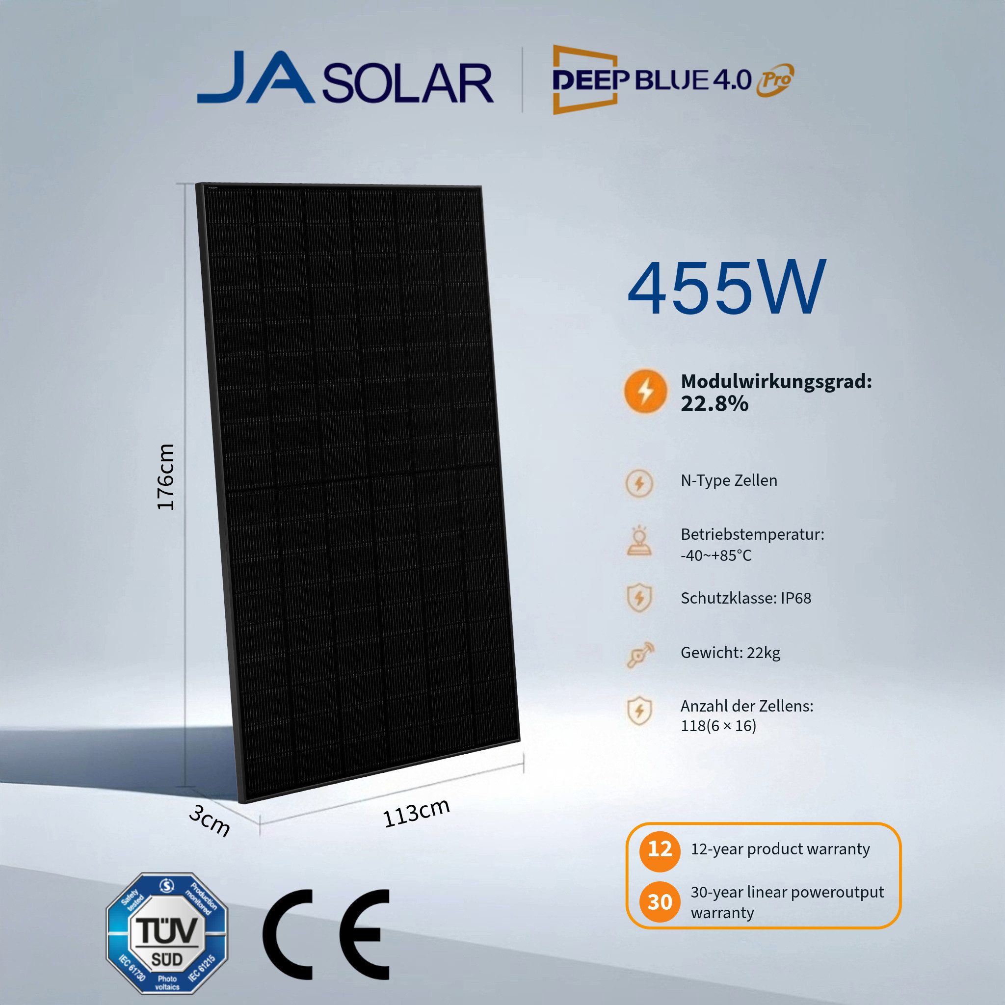 JA SOLAR Solarmodul Solarmodul 455W N-Type Bifazia Glas-Glas, 22.8% Efficiency full black, 455 W, (1-St., 22.8% Moduleffizienz), IP68