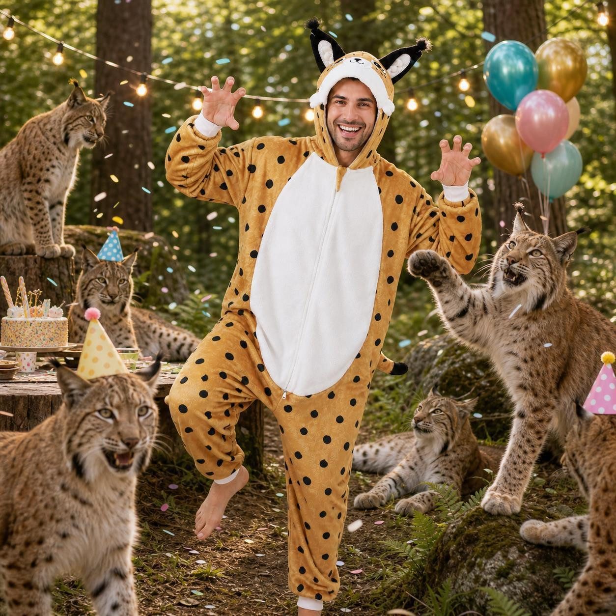 Corimori Partyanzug Flauschiges Luchs-Kostüm für Erwachsene, Karneval Kostüm Onesie für, Jumpsuit, Pyjama, Fasching, Kigurumi, Tierkostüme, Luchs Silas