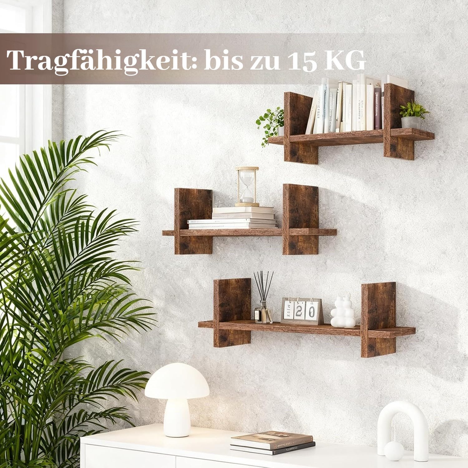 BlingBin Deko-Wandregal Wandregal 3er Set Schweberegal aus Holz Schwebendes Regal, 3 Stück 3-tlg., DIY Wandmontage Hängeregale für Wohnzimmer Schlafzimmer Büro – Bild 3 von 5