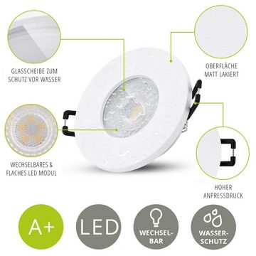 linovum LED Einbaustrahler 10er Set flache LED Bad Einbaustrahler IP65 in rund & weiss LED 5W, Leuchtmittel inklusive, Leuchtmittel inklusive