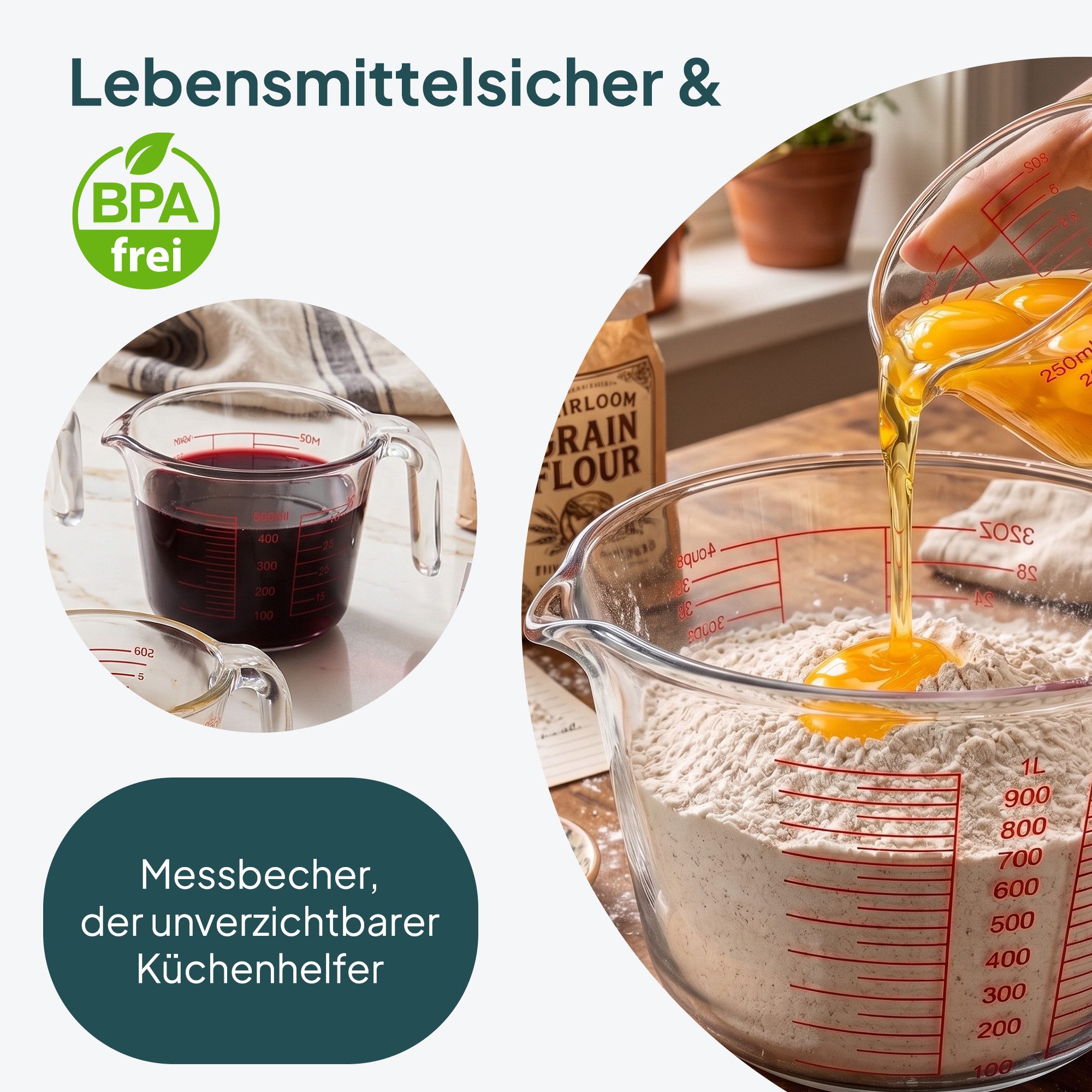 uandu home Frischhaltedose Messbecher Glas Set 3-teilig (1000ml, 500ml, 250ml), (Profi Küchenhelfer zum Backen & Kochen, Spülmaschinenfest, BPA-frei), Hitzebeständiges Borosilikatglas, Auslaufsicherer Ausgießdeckel