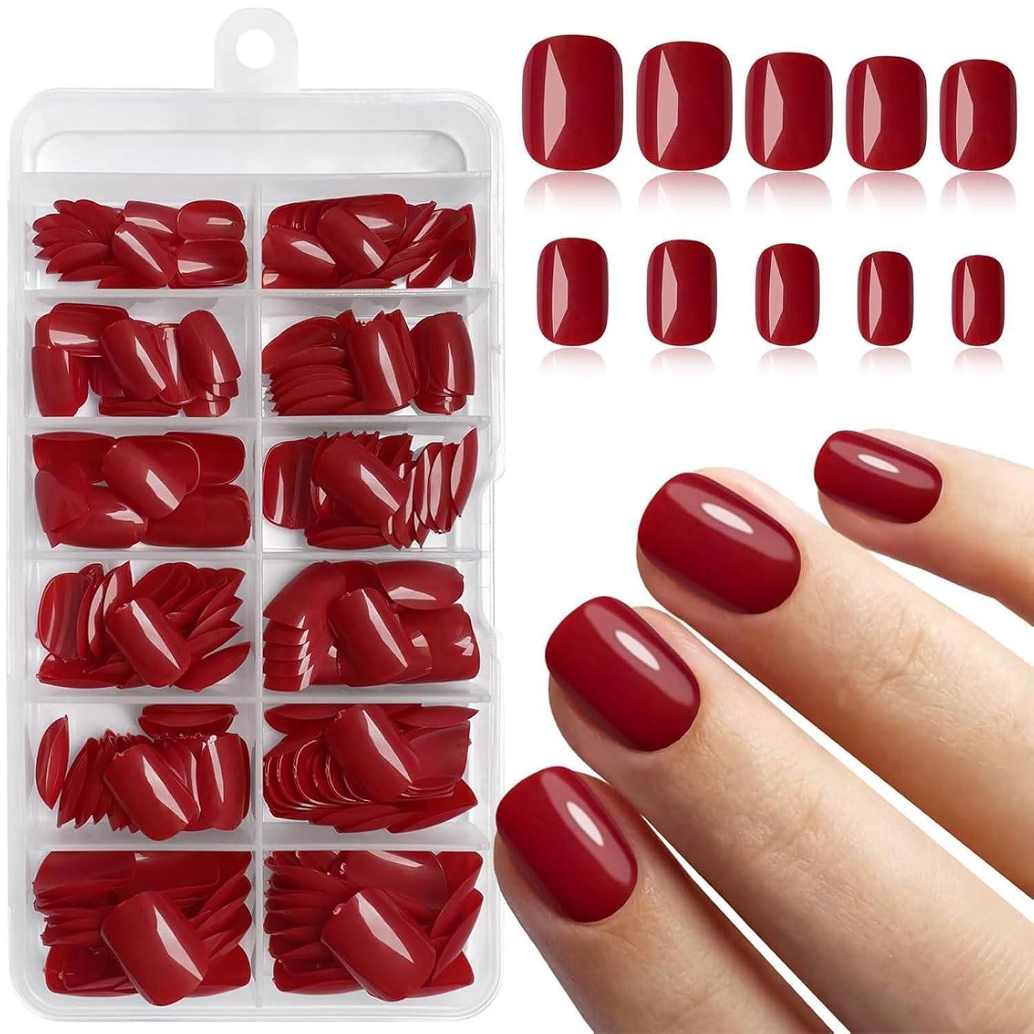 LuxusKollektion Kunstfingernägel Künstliche Nägel 240 Stück kurz quadratisch rot 12 Größen