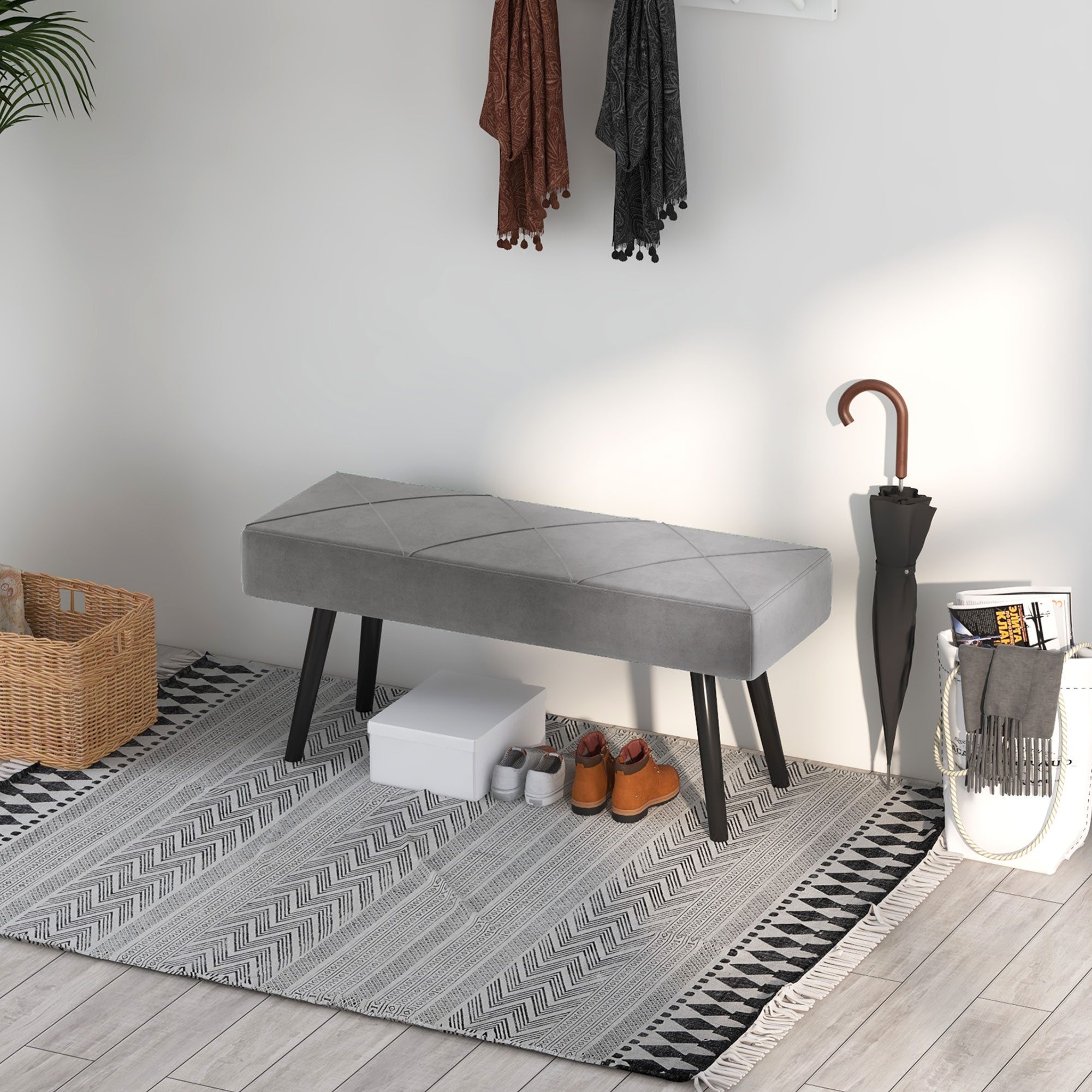 MODFU Polsterbank 100x36x45 cm, Samtbank mit X-Design, gepolstert, belastbar bis 120 kg (Packung, 1-St., Vielseitig als Schuhbank, Bettbank & Dekositz nutzbar, in Grau), Bequeme & pflegeleichte Sitzgelegenheit für Diele, Ankleide