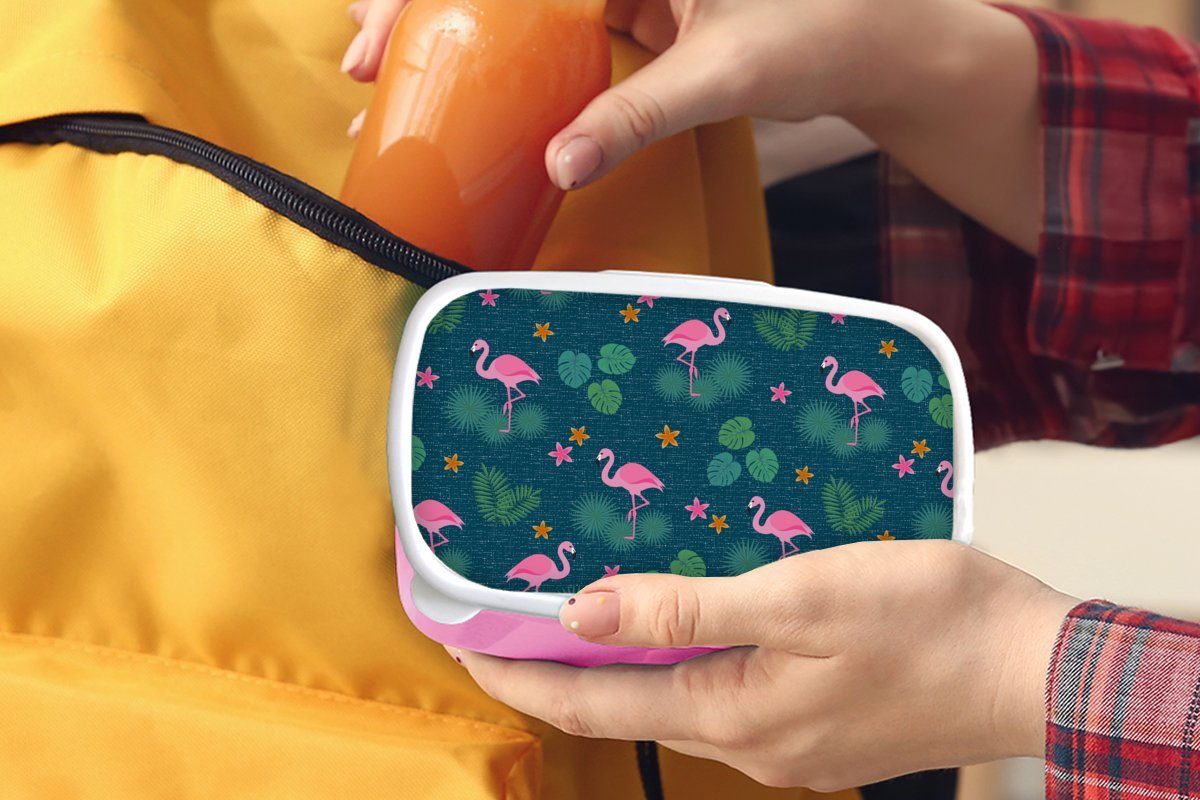 MuchoWow Lunchbox - Snackbox, Pflanzen - Kunststoff, Brotbox (2-tlg), für Erwachsene, Mädchen, Muster, Kinder, Brotdose Flamingo rosa Kunststoff