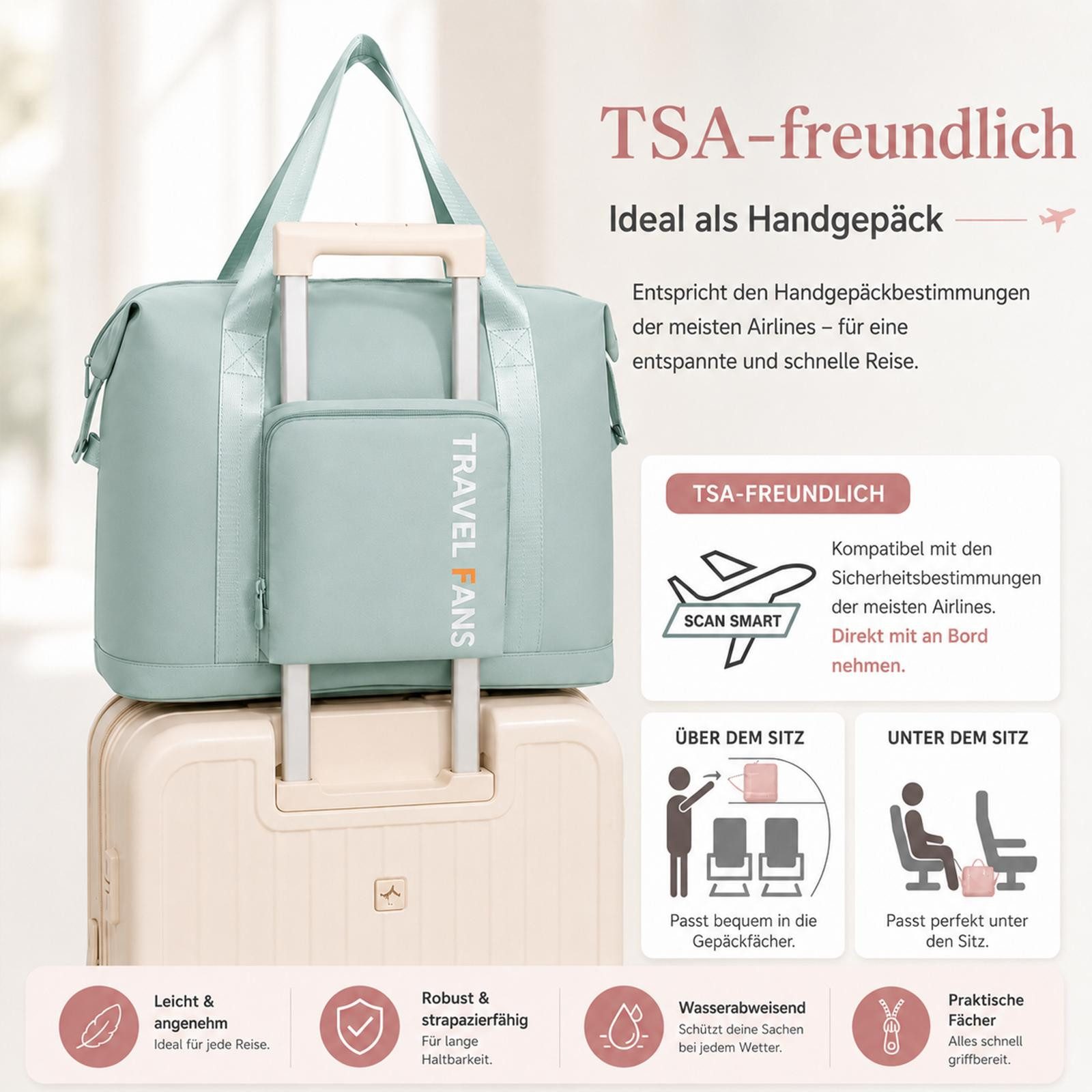 VERCO Reisetasche faltbar mit Trolley Schlaufe und Frontfach (1-tlg), Faltbare Handgepäcktasche für Reisen mit Kofferhalterung