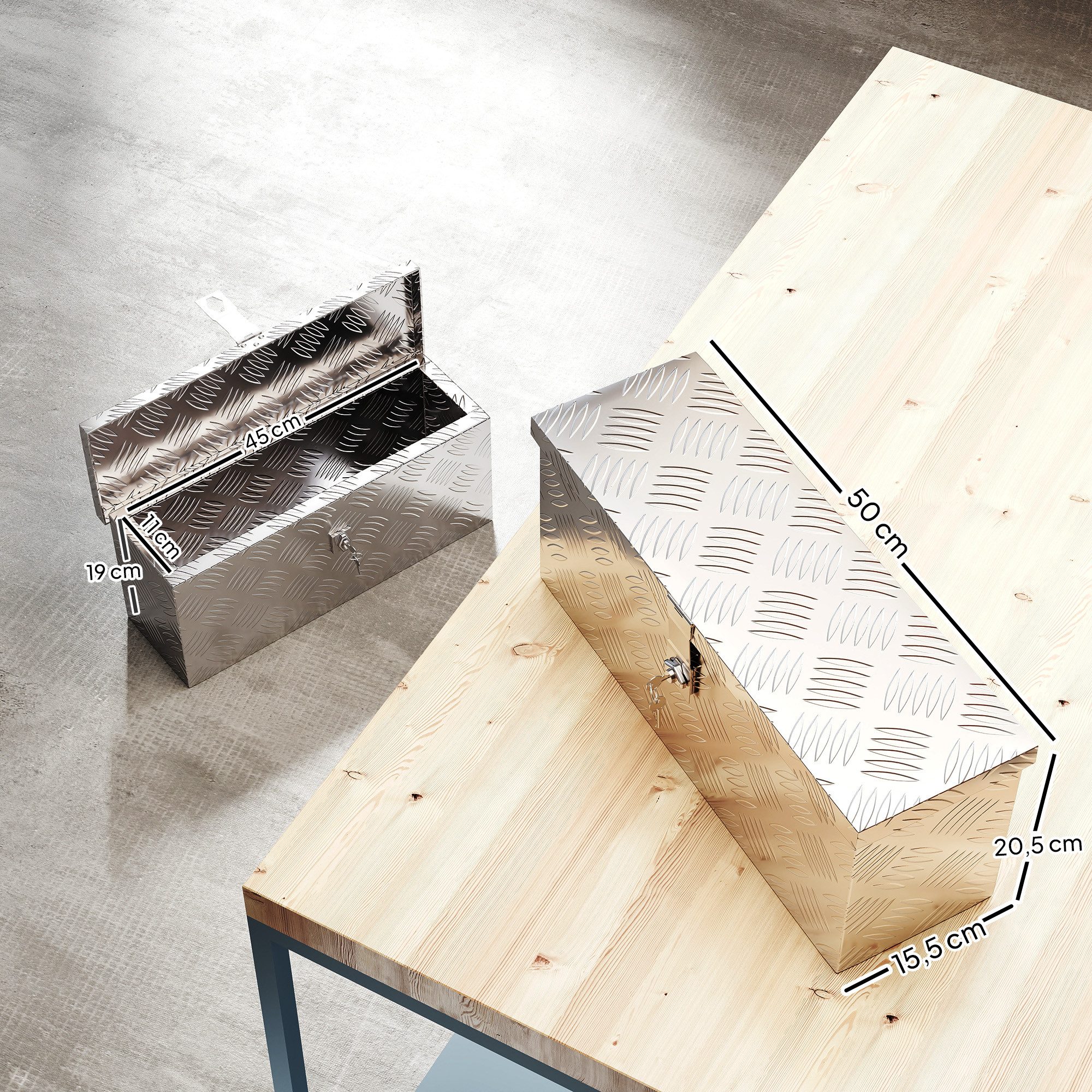 HOMCOM Werkzeugbox Gerätekasten Aluminium mit Schloss+Schlüssel, LKW-Werkzeugkasten (Aufbewahrungskiste, 1 St., Lagerungsbox), für Lagerhallen und Kofferräume, Silber