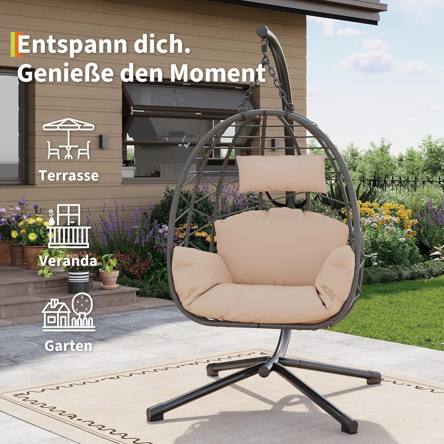LuxusKollektion Hängesessel Hängesessel Metallgestell Rattan 150 kg belastbar Outdoor Beige
