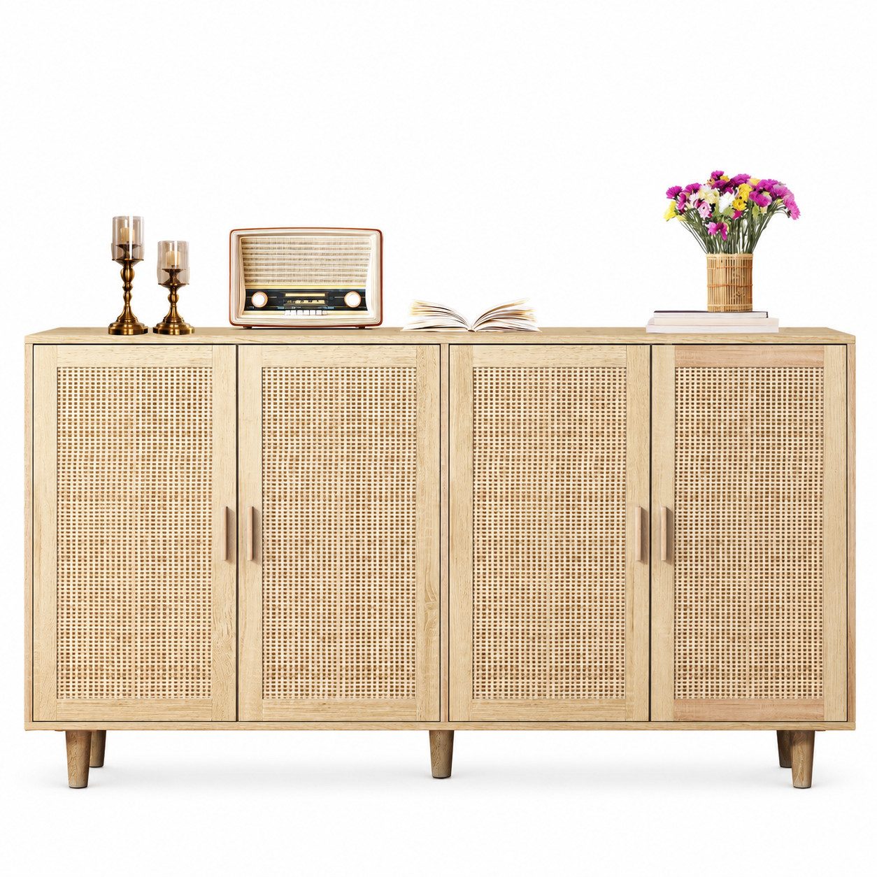 Celya Sideboard 158CM Sideboard Schlafzimmer, Rattanschrank, Aufbewahrungsschrank (Einfache Montage, Natürlich), Eleganter und funktioneller 4-türiger Rattan Schrank für Schlafzimmer