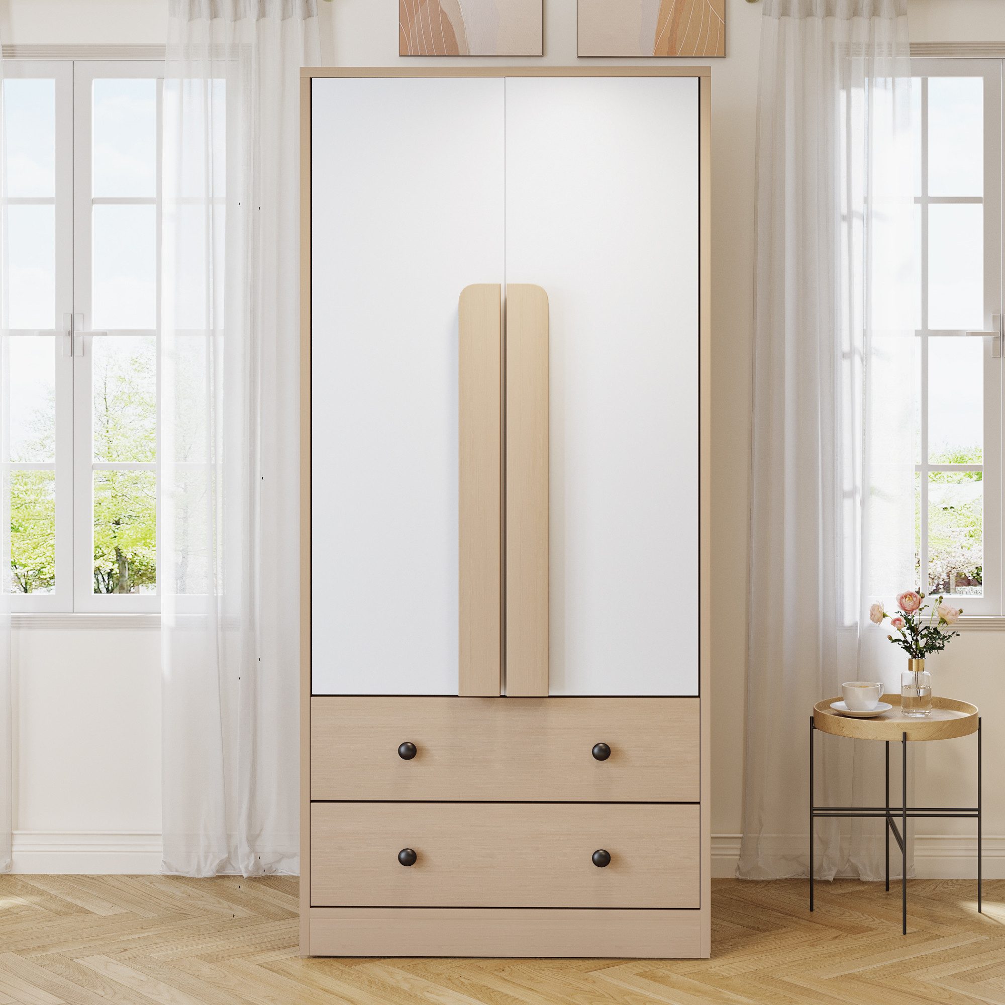 Flieks Kleiderschrank Doppeltür-Design Kleiderschrank 70x40x170cm mit 2 Schubladen