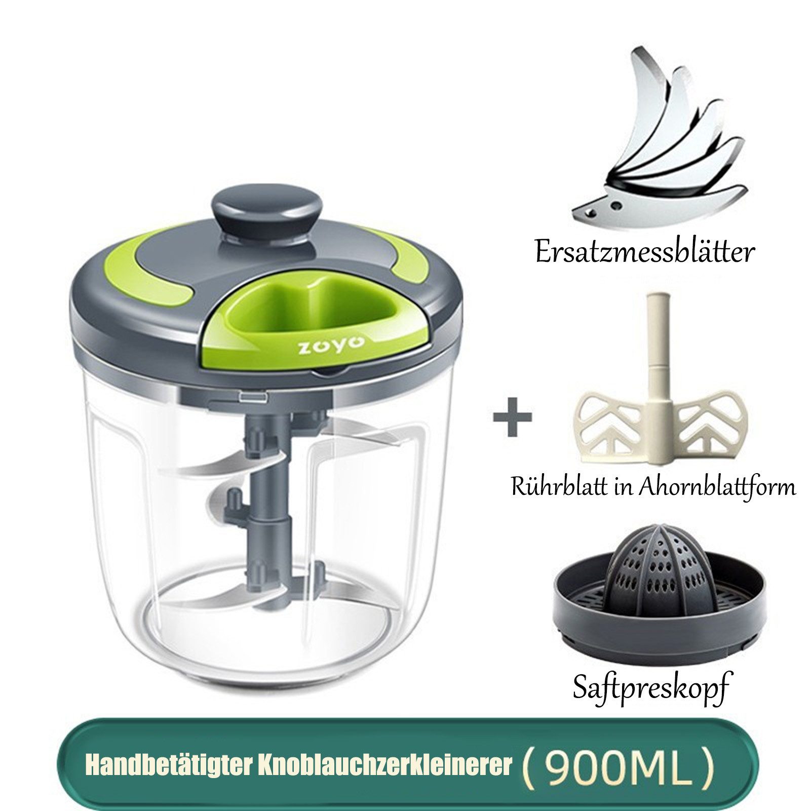 Jumpeak Zwiebelhacker Zerkleinerer,Gemüse Zerkleinerer,Knoblauchschneider & Fleischwolf, Küchenmaschine mit Alle Funktion,900ml,Edelstahlklingen,Grau