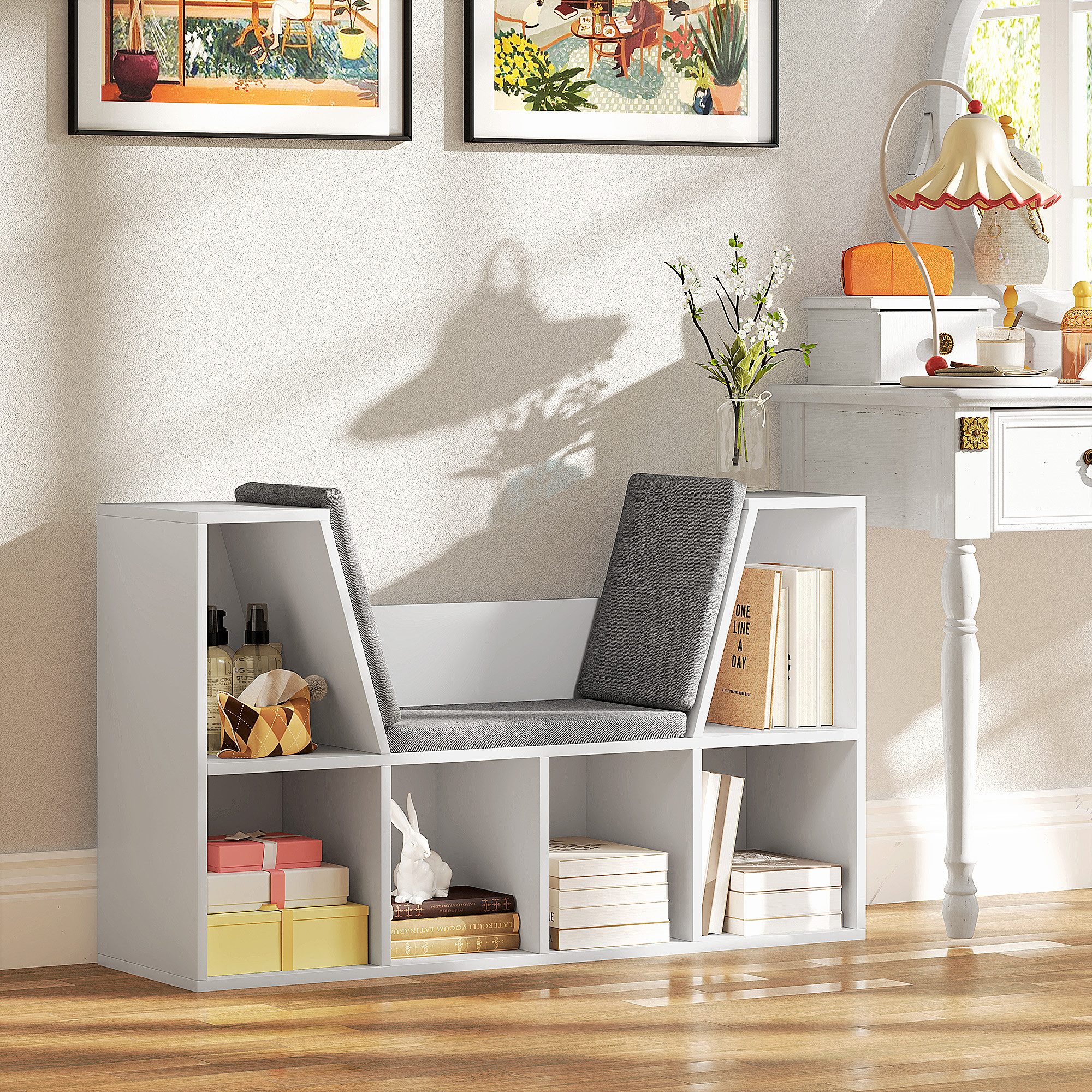 HOMCOM Bücherregal Spielzeugregal Bücherschrank mit Sitzbank, Fächern, Aufbewahrungsregal 1-tlg., für Wohnzimmer, Schlafzimmer, 105 x 30 x 63 cm, Weiß