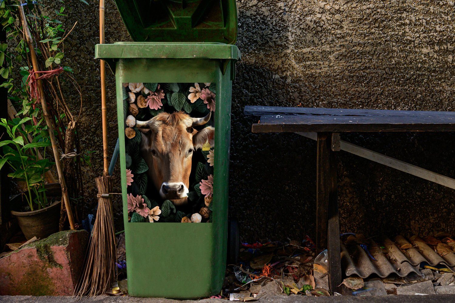 Mülleimer-aufkleber, Container, St), - Mülltonne, Kuh Blumen MuchoWow Tiere (1 Abfalbehälter - Sticker, Wandsticker