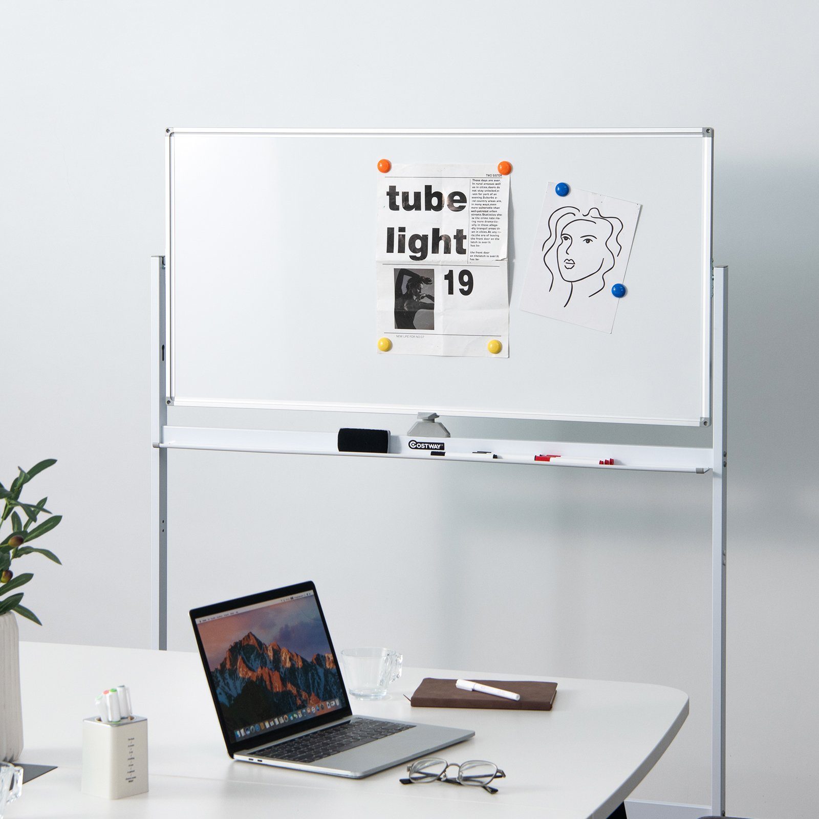 COSTWAY Magnettafel, doppelseitig, verstellbar, abwischbar, 120x60cm