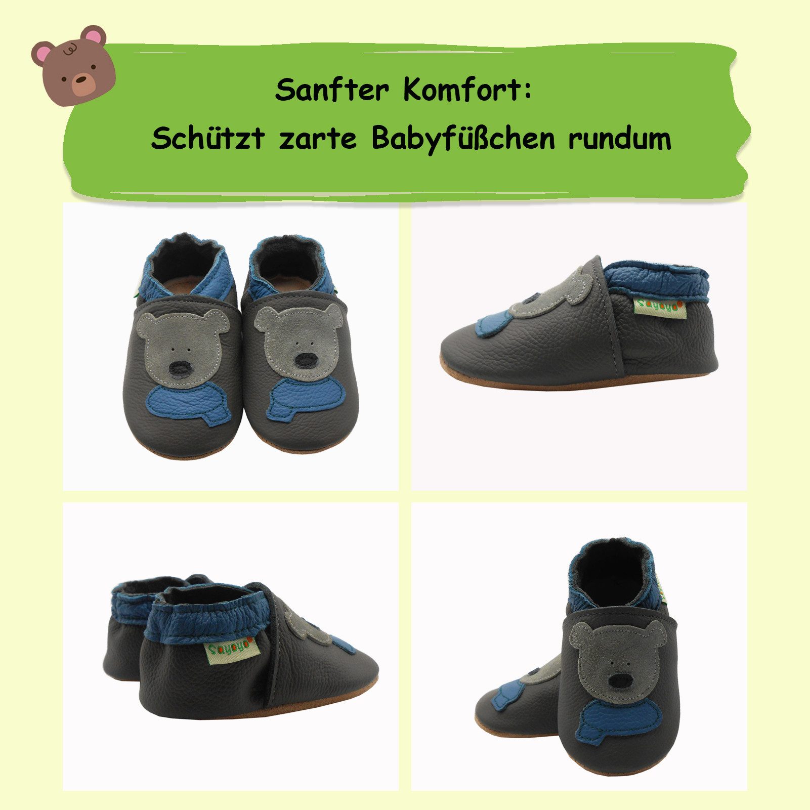 Sayoyo Weiche Leder Krabbelschuhe Lauflernschuhe Hausschuhe Lederpuschen Krabbelschuh (Bär Grau 100% Leder) – Bild 2 von 5