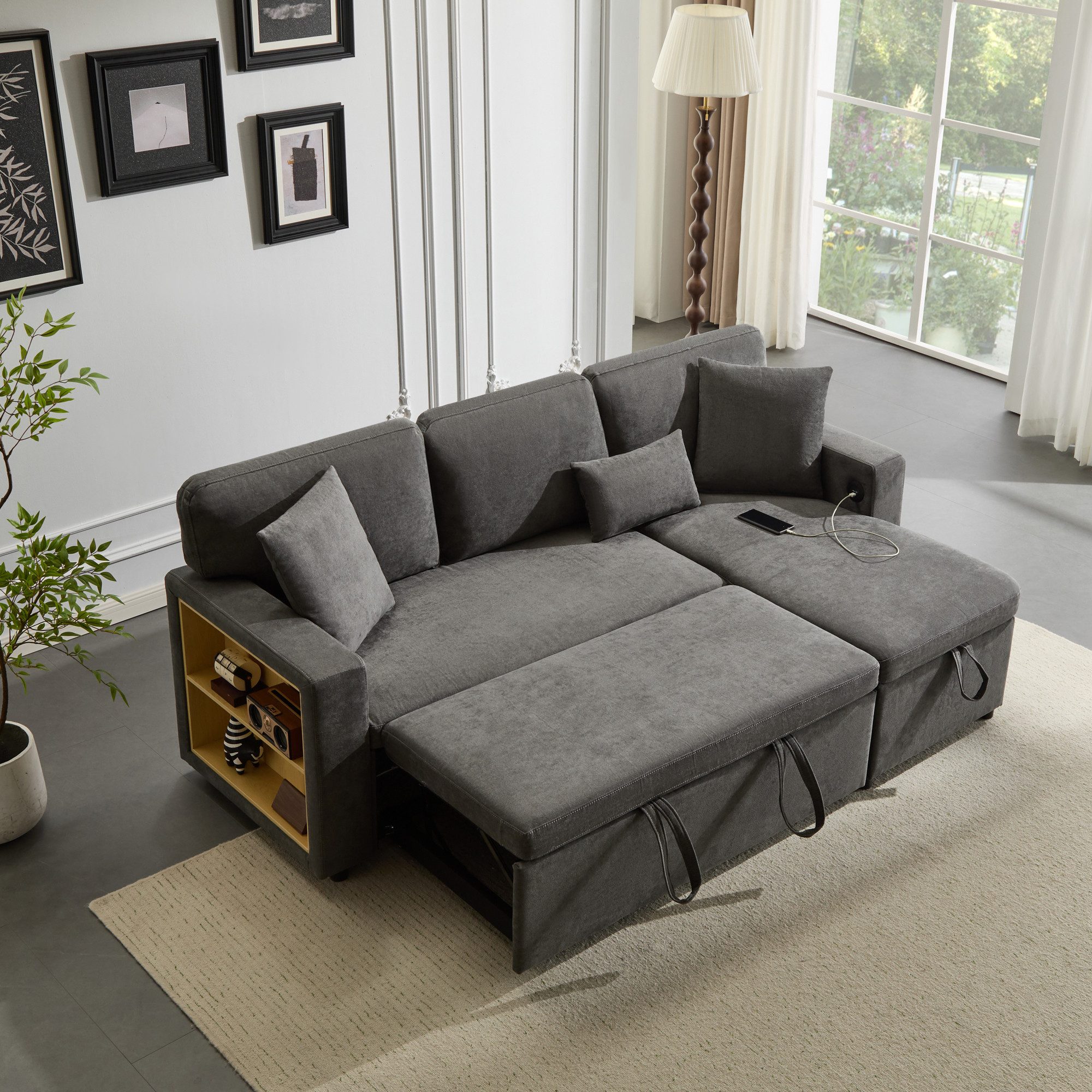 Merax Ecksofa L-Form Sofa, Loungesessel mit Schlaffunktion, Bettkasten, integriertem Regal & USB