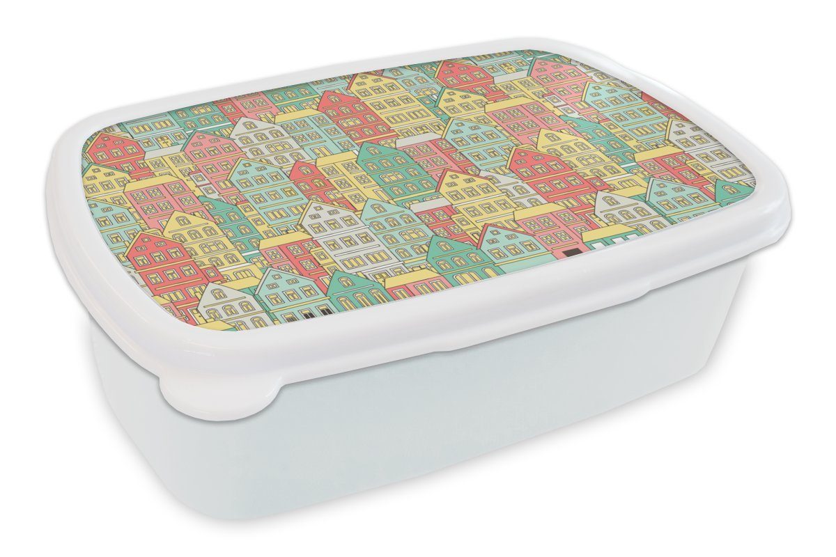 MuchoWow Lunchbox Haus - Muster - Pastell, Kunststoff, (2-tlg), Brotbox für Kinder und Erwachsene, Brotdose, für Jungs und Mädchen weiß
