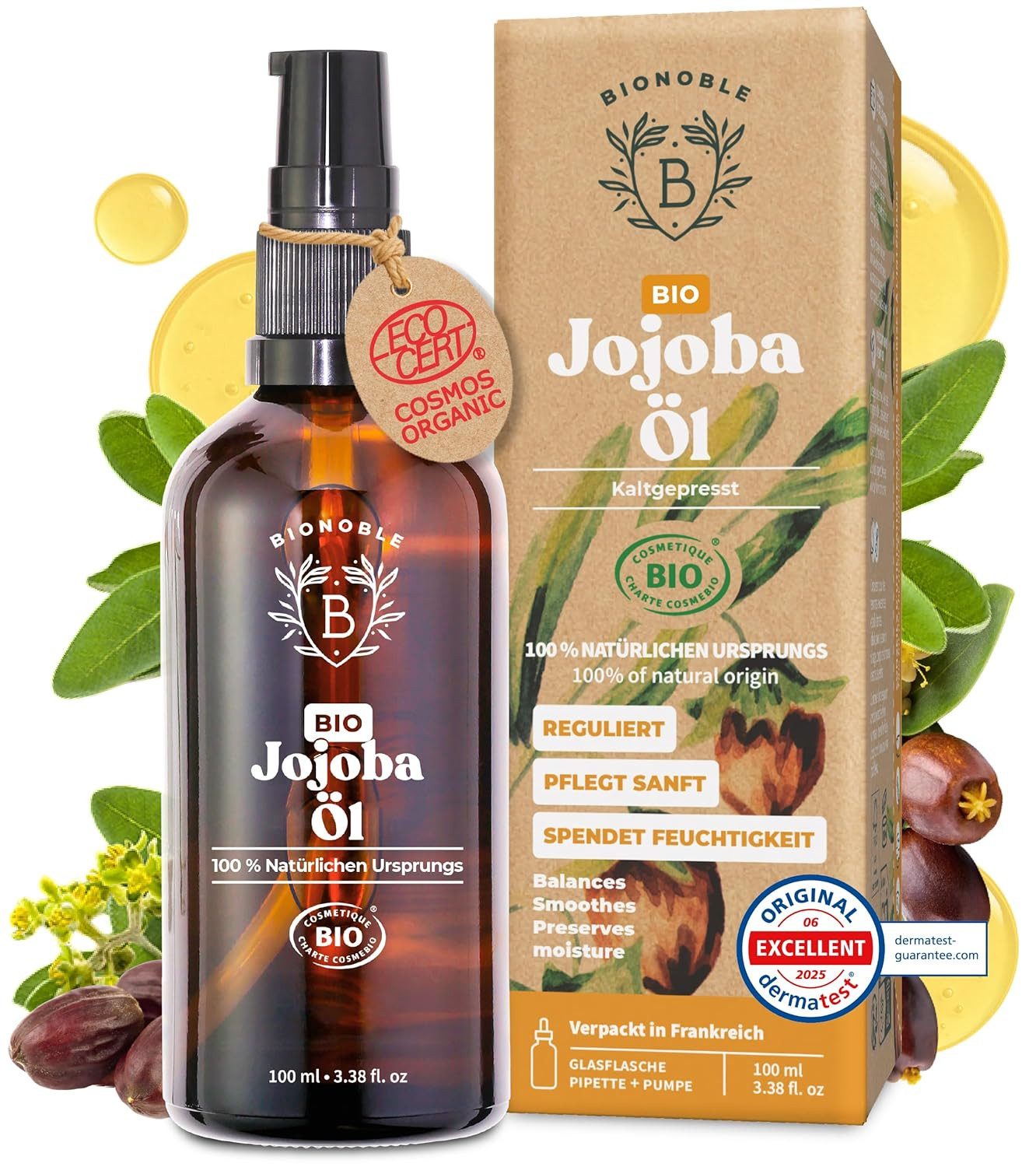 BIONOBLE Körperöl Jojobaöl Bio Kaltgepresst 100% Rein Vegan & tierversuchsfrei, Reguliert Sebum, Pflegt Sanft, Anti-Pickel - Jojobaöl Haare