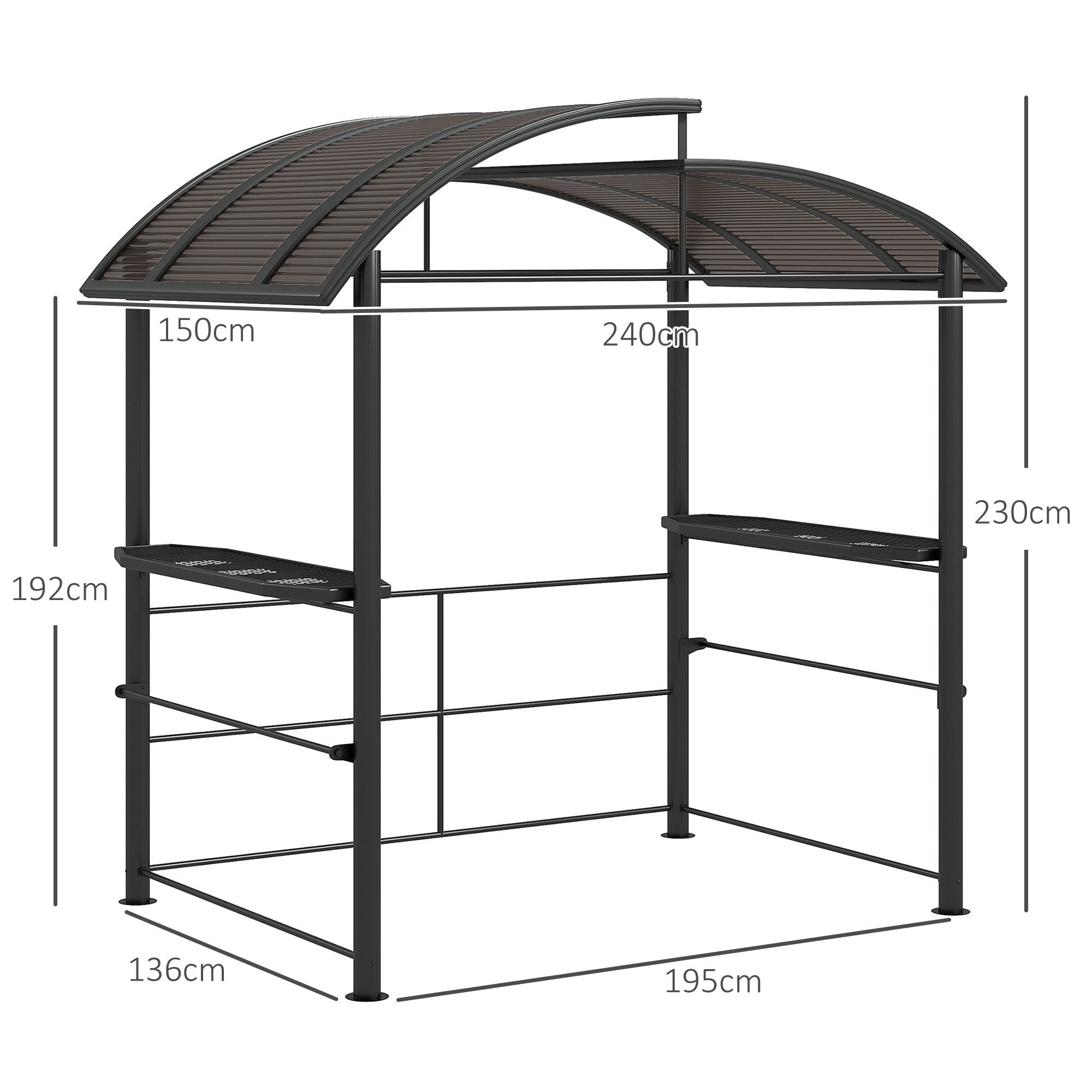 Outsunny Grillpavillon BBQ-Pavillon mit 2 Ablagen, mit 0 Seitenteilen, (Grillüberdachung, Pergola), für Garten, Balkon, Stahl PC Dunkelgrau, 240 x 150 x 230 cm