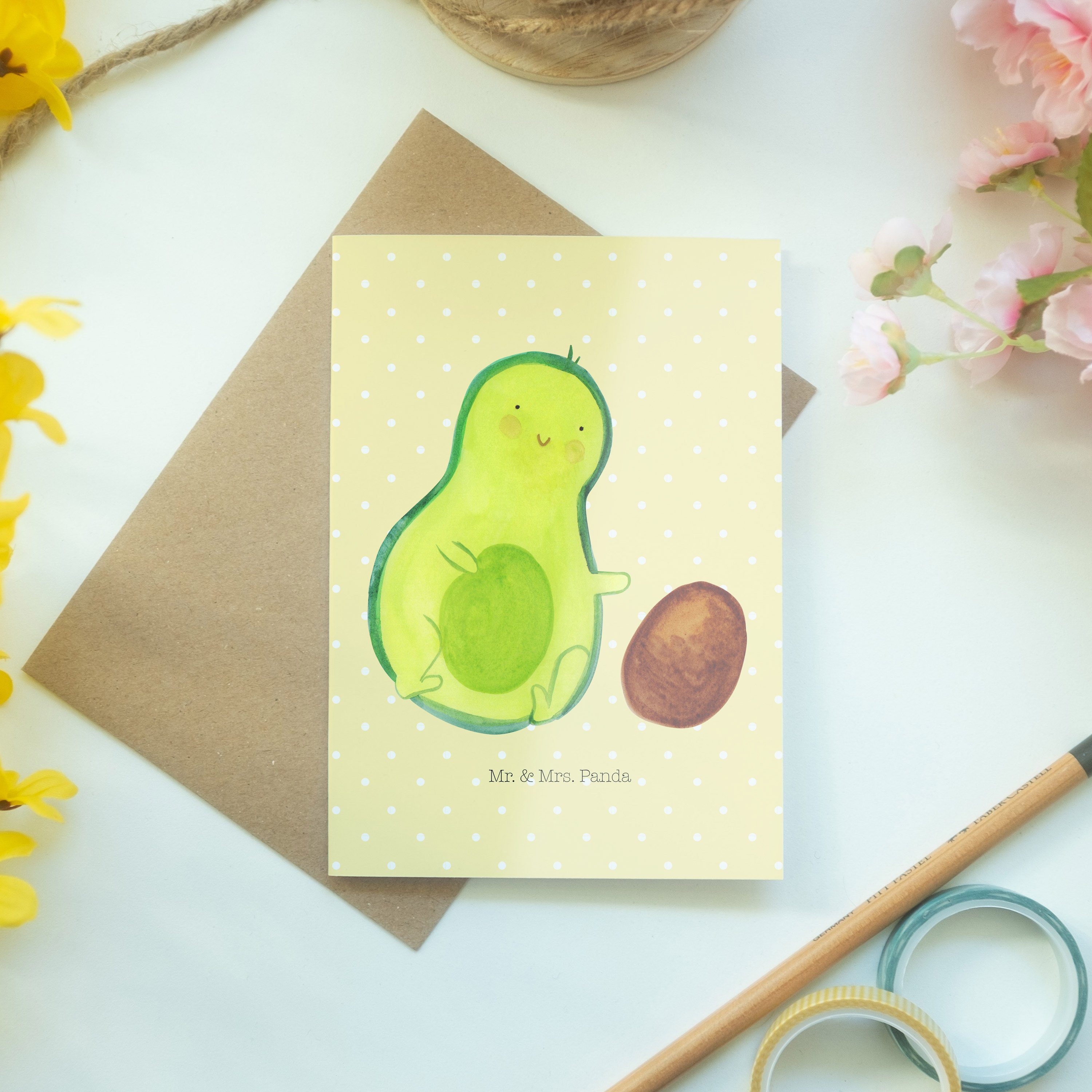 Gelb & Mr. - Hochze - Avocado Mrs. Pastell Grußkarte Einladungskarte, rollt Geschenk, Kern Panda