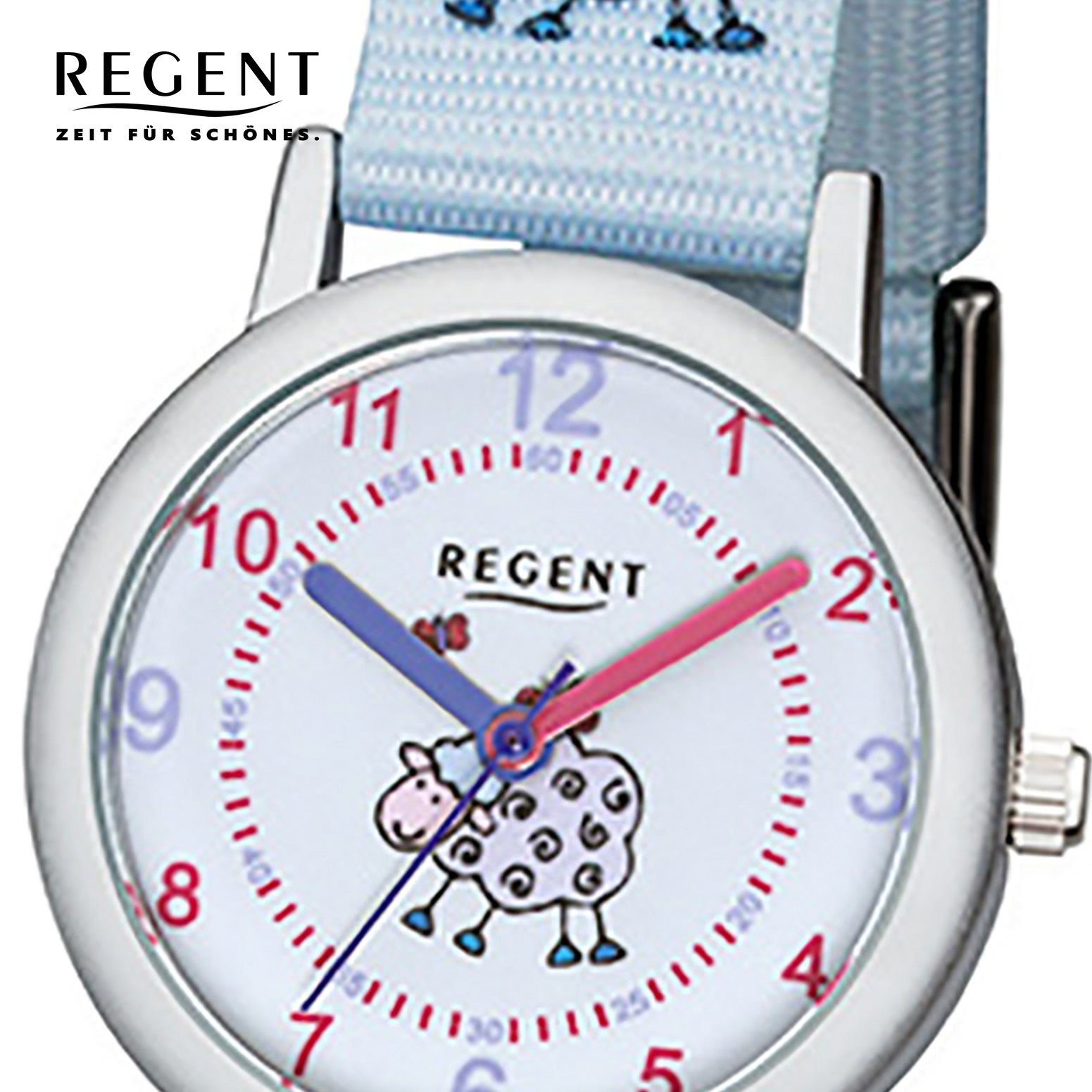 Kinder-Armbanduhr Regent Quarzuhr (ca. 29mm), Stoffarmband klein Textil, Armbanduhr Regent hellblau Kinder Analog, rund,