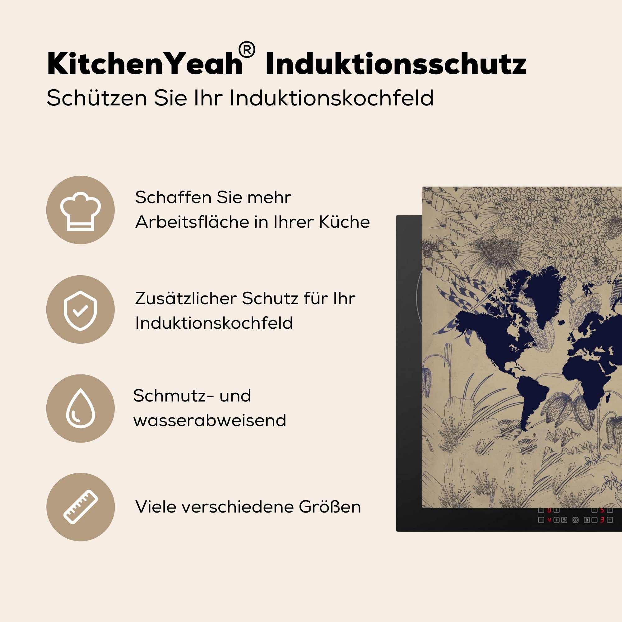MuchoWow Herdblende-/Abdeckplatte Weltkarte - Pflanzen Arbeitsplatte küche tlg), Ceranfeldabdeckung, Lila, 78x78 cm, - für Vinyl, (1