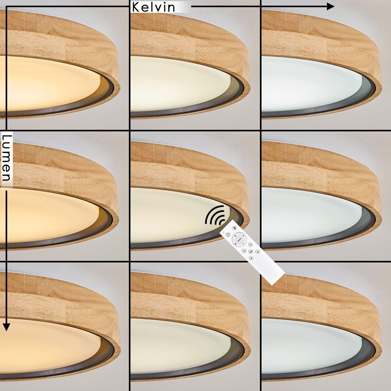 hofstein Deckenleuchte dimmbare Deckenleuchte aus Holz/Metall/Kunststoff in Natur/Weiß, LED wechselbar, 2700-6500 Kelvin, dimmbar über Fernbedienung, LED, (30cm), auch für Badezimmer, IP44