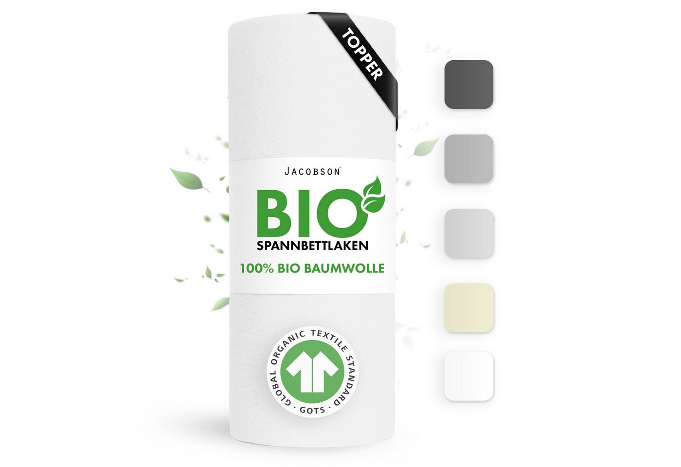 Jacobson Spannbettlaken BIO, Jersey Spannbetttuch, Bettlaken 160 g/m², 100% BIO-Baumwolle, Gummizug: rundum, GOTS zertifiziert