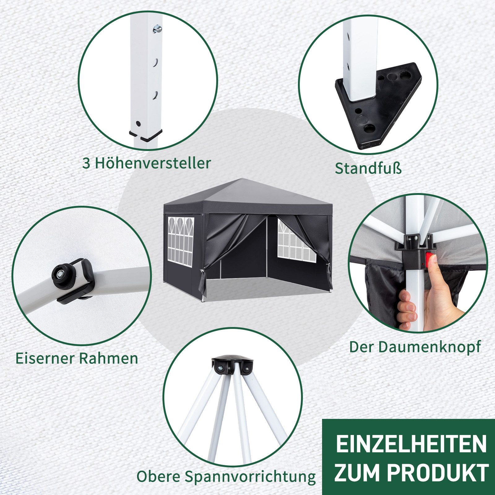 LALAHO Faltpavillon 3x3 m Gartenpavillon mit 4 seitenteilen Pop Up Pavillon UV-Schutz 50+, mit 4 Seitenteilen, Partyzelt höhenverstellbarer, mit Tragetasche, für Garten Camping