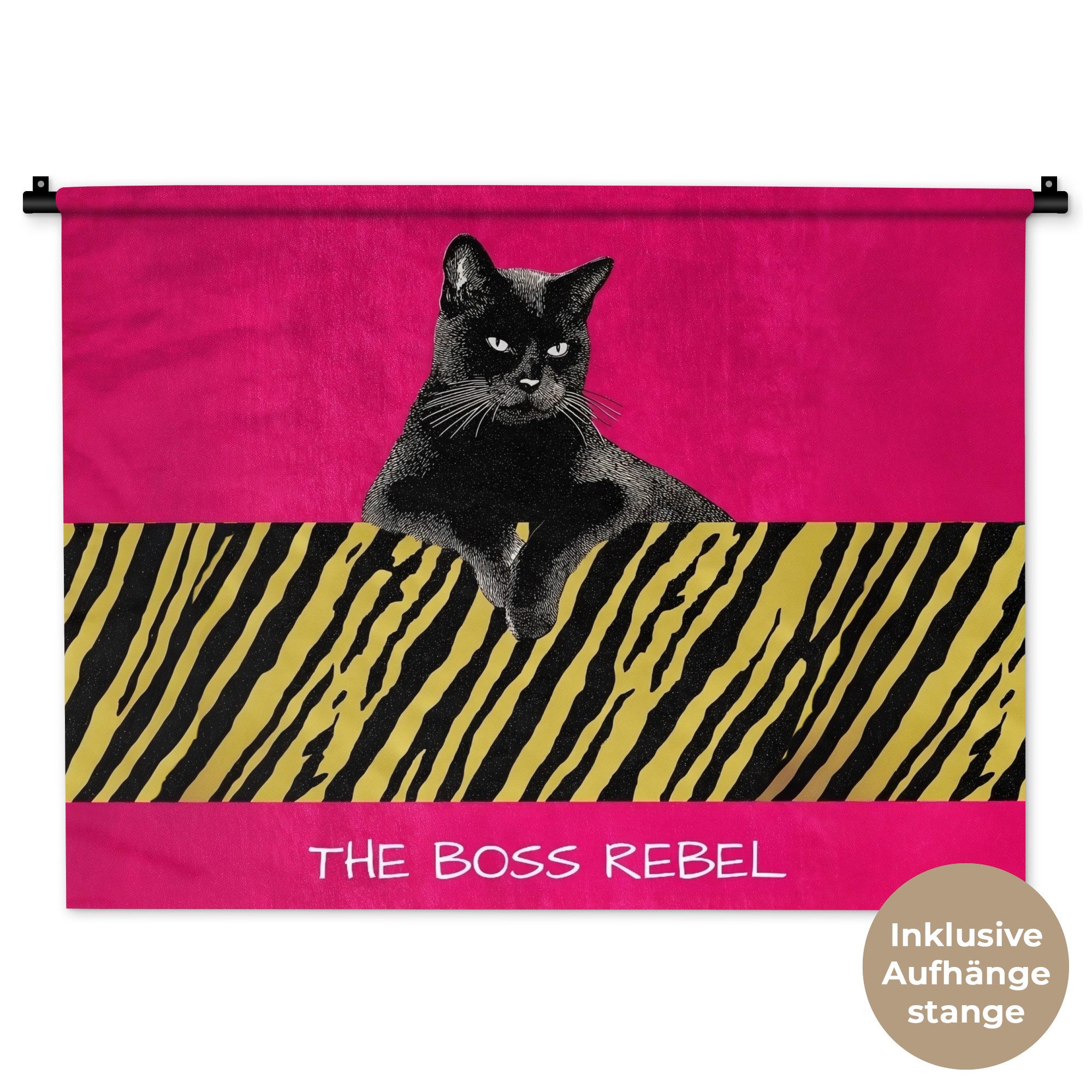 MuchoWow Wandteppich Katze - Boss - Rosa - Tigerdruck, Rechteckig, Höhe: 3 mm, Wand Teppiche, Wandbehang, 90x67 cm