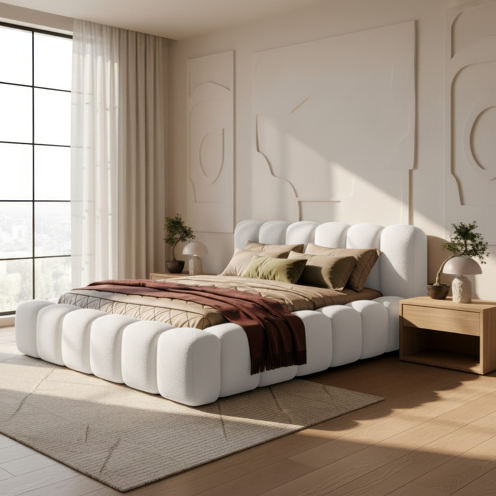 thematys Polsterbett mit Bettkasten, CLOUD 140x200 160x200 180x200 200x200cm (Kopfteil im Oversize-Look und Stauraum – weich, modern und pflegeleicht), hochwertiger Bouclé-Stoff in Kreme und Latte, Inklusive Lattenrost: Holzrahmen,hochwertiger Stoff), hochwertiger Bouclé-Stoff in Kreme und Latte