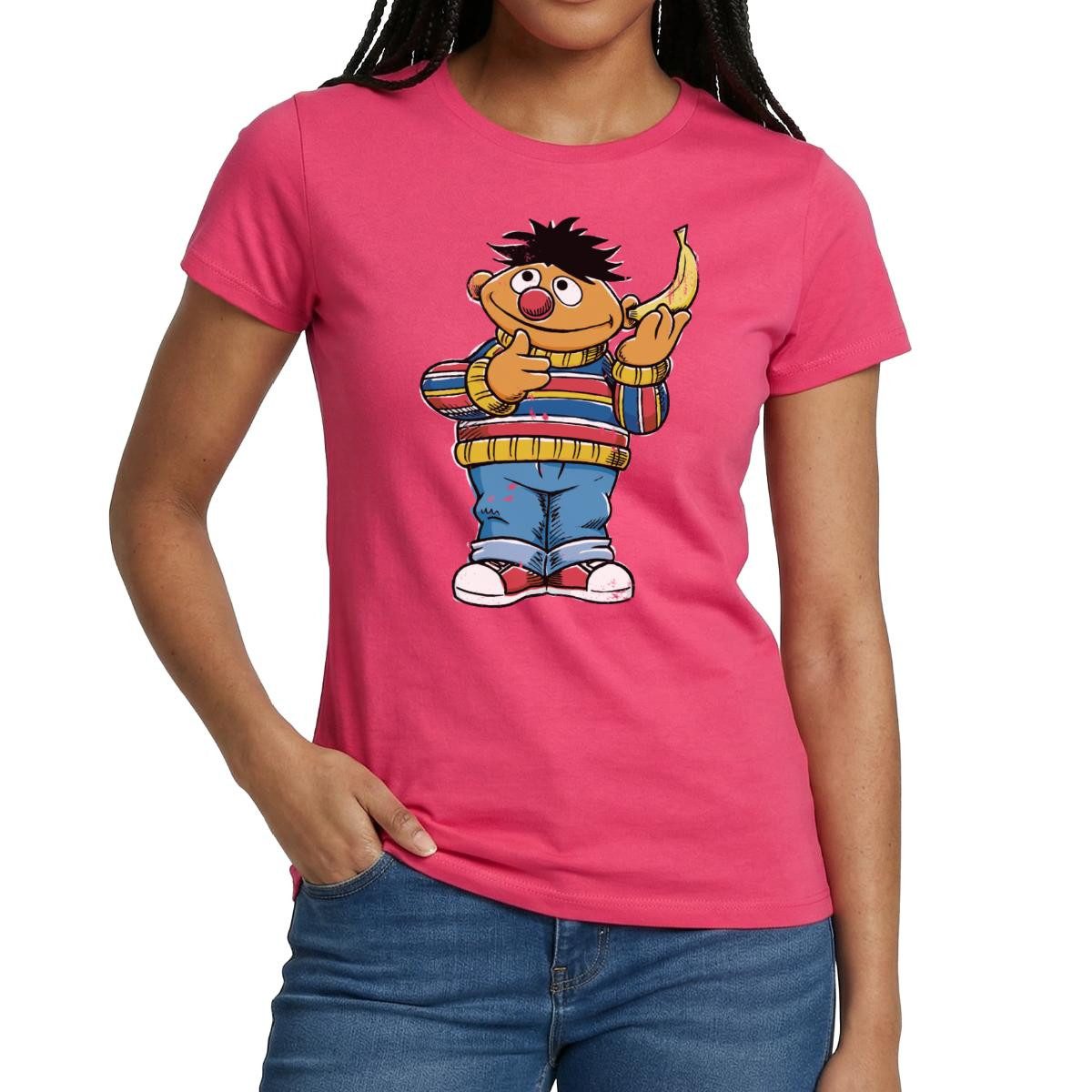 Spreadshirt T-Shirt Sesamstraße Ernie Mit Banane Pose Lustig Used Look Frauen T-Shirt (1-tlg)