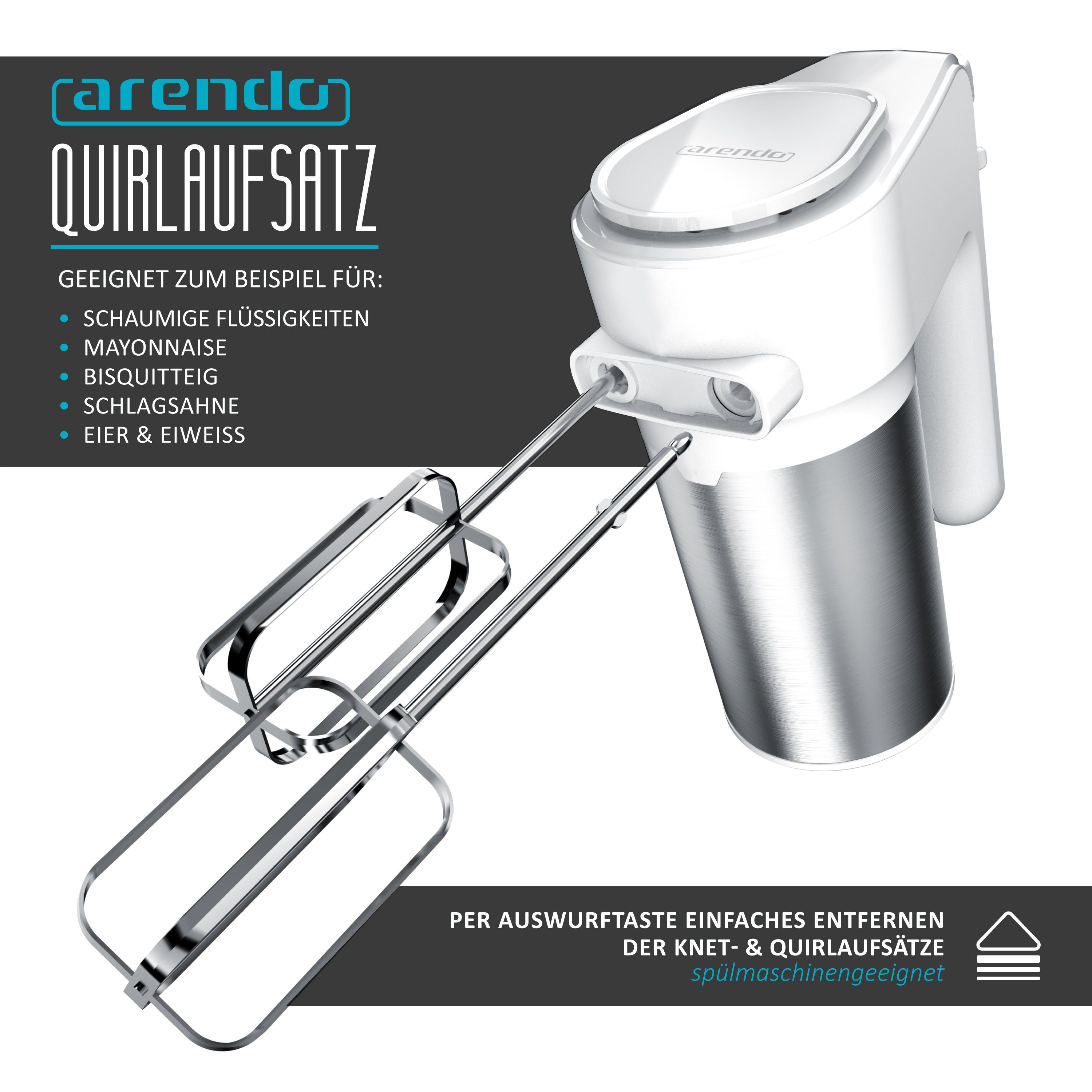 Arendo Handmixer Elektrischer Handrührer Edelstahl, 5 Geschwindigkeiten, Turbofunktion, 400 W, inkl. 2 Edelstahl Knethaken, ergonomisches Gehäuse, Thermosicheru – Bild 2 von 5