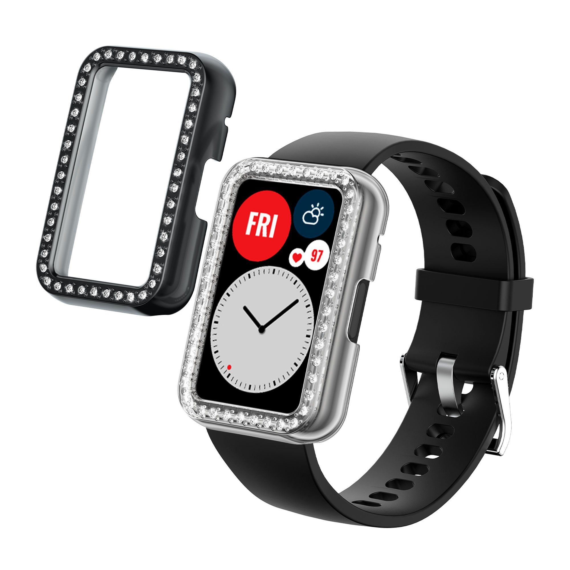 kwmobile Smartwatch-Hülle 2x Kunststoff Hülle für Huawei Watch Fit, Schutzrahmen - Glitzer Schutzhülle in Transparent Schwarz