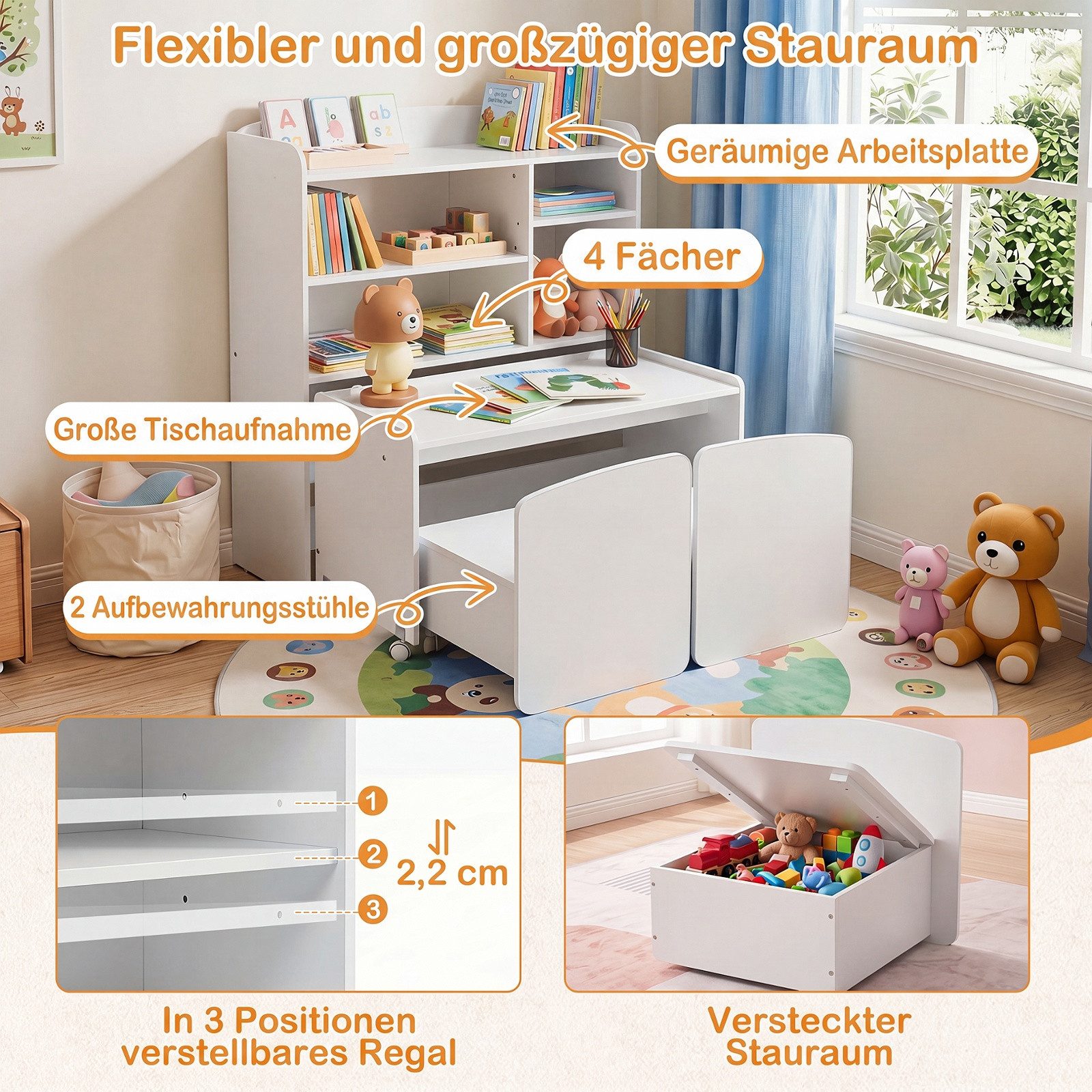 COSTWAY Kindertisch (4-St), 3 in 1 Kinderregal mit Tisch auf Rollen, 2 Stuhl