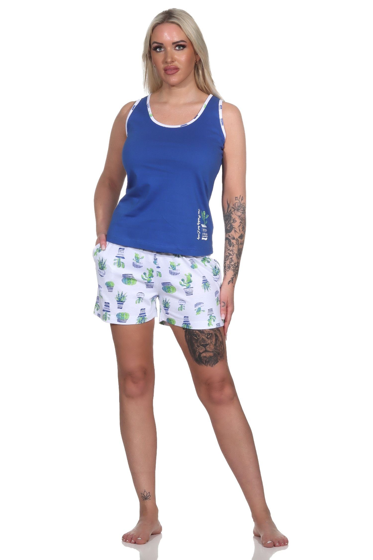 Normann Pyjama Ärmelloser Damen mit als Motiv Shorty Kaktus Schlafanzug blau Pyjama