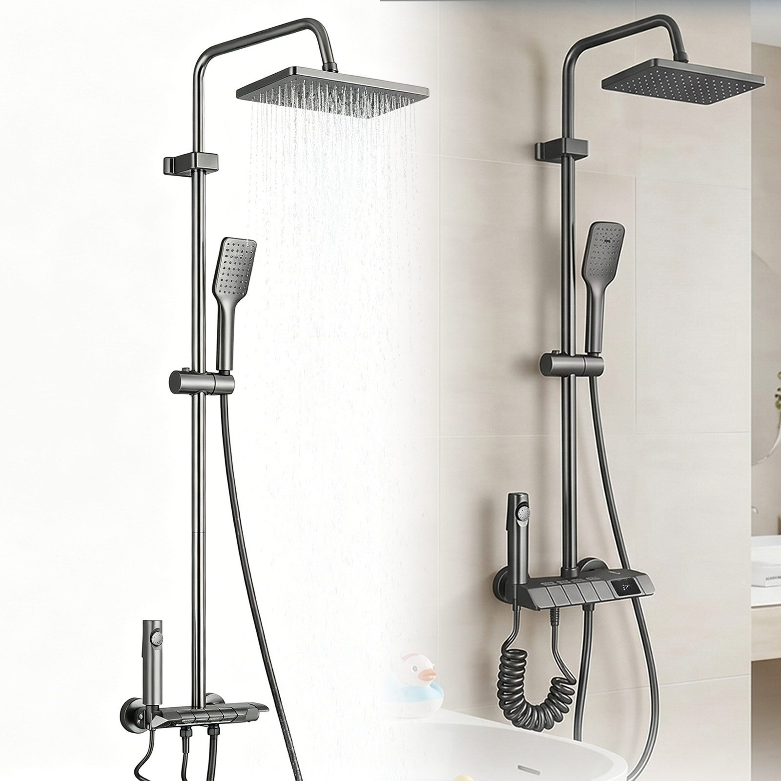AKKEE Brausegarnitur Duschsystem Duschkopf-Set mit digitaler Anzeige, 3 Strahlart(en), Mit Duschkopf, Handbrause, Wasserhahn, Temperaturanzeige