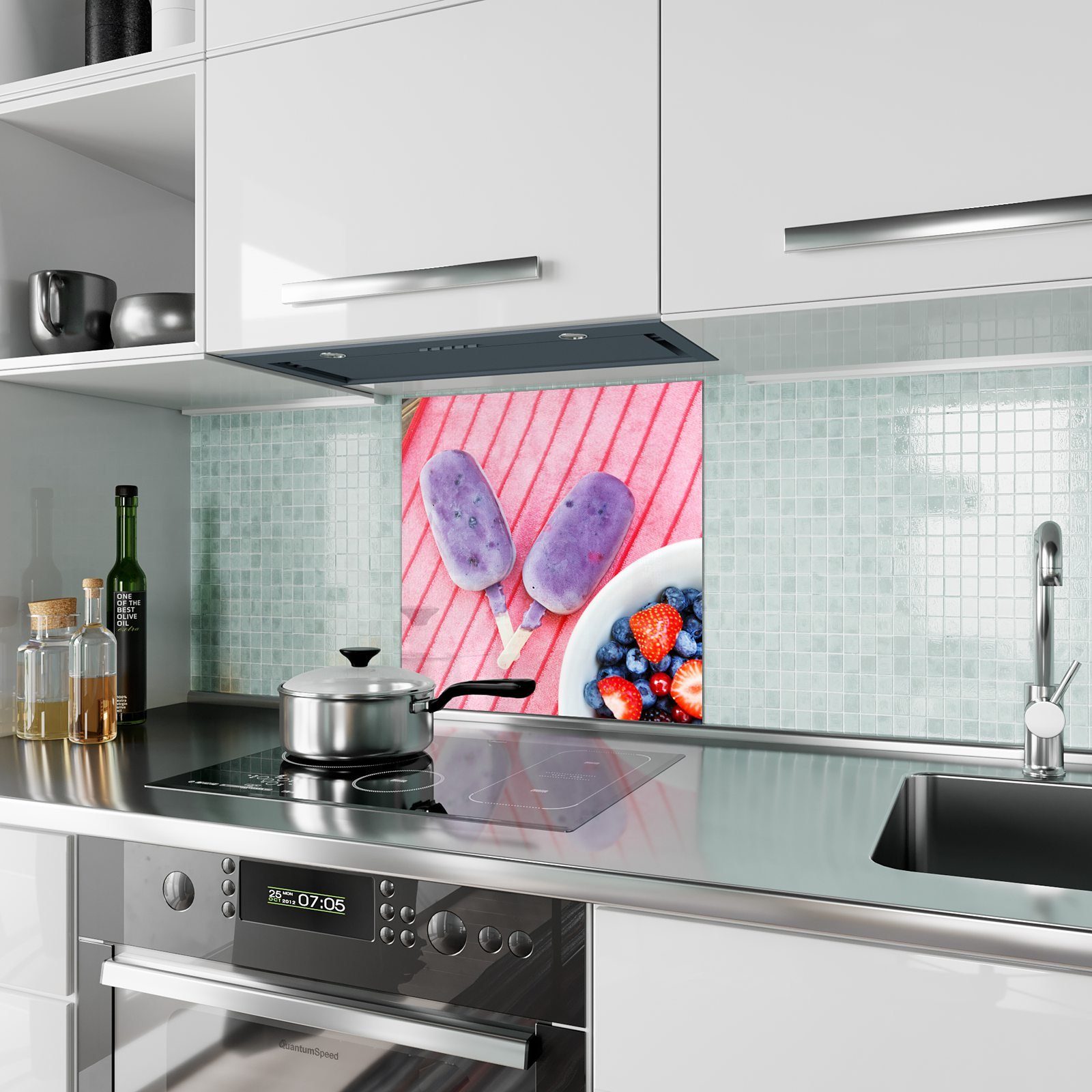 Primedeco Küchenrückwand Küchenrückwand Spritzschutz und Früchte Motiv Eis Glas mit am Stiel