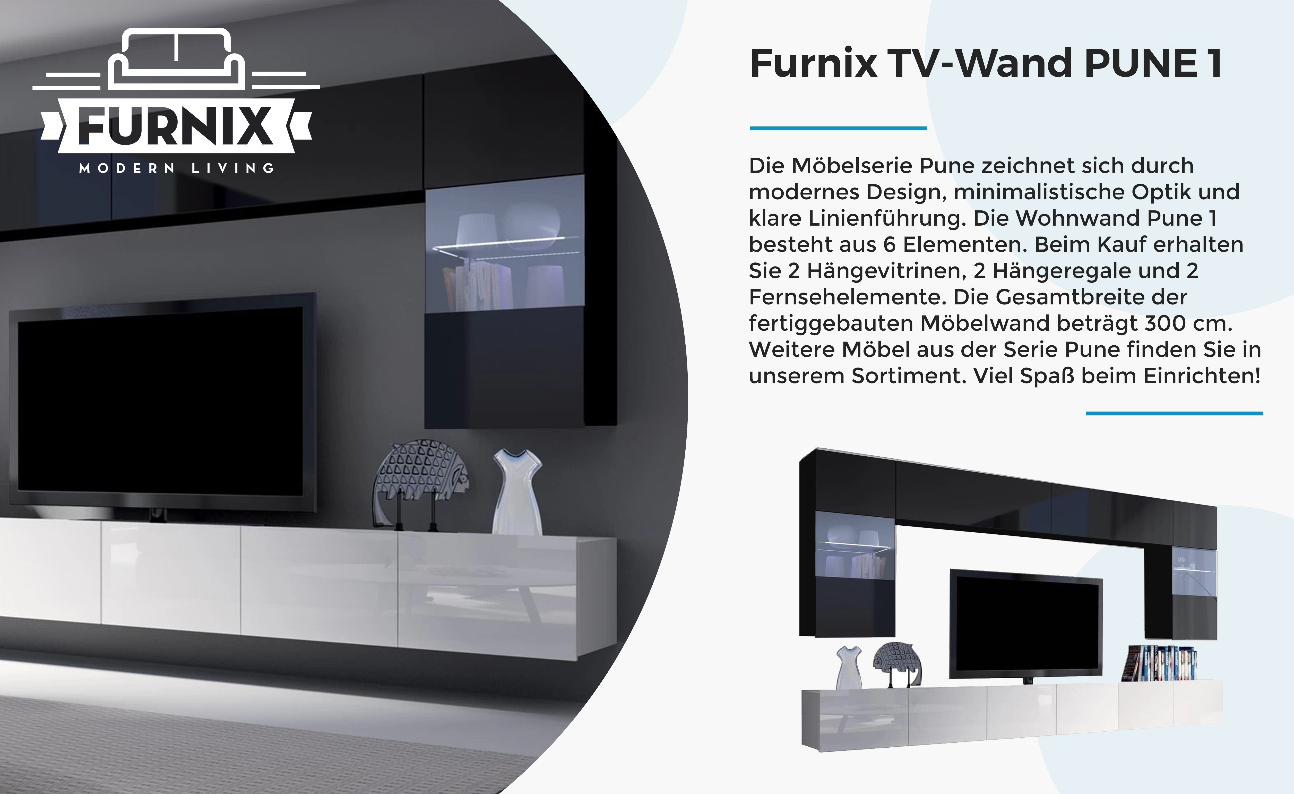 Glanz 1 Mediawand geräumig, cm Furnix breit 300 6-teilig TV-Wand PUNE Möbelwand Weiß/Schwarz Farbauswahl, Wohnwand